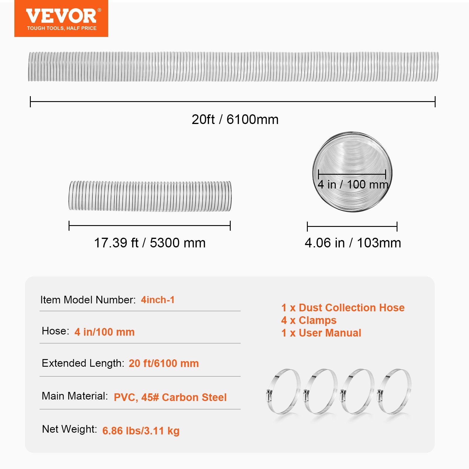 Dulkių siurbimo žarna VEVOR 4inch-1, 100 mm x 6,1 m