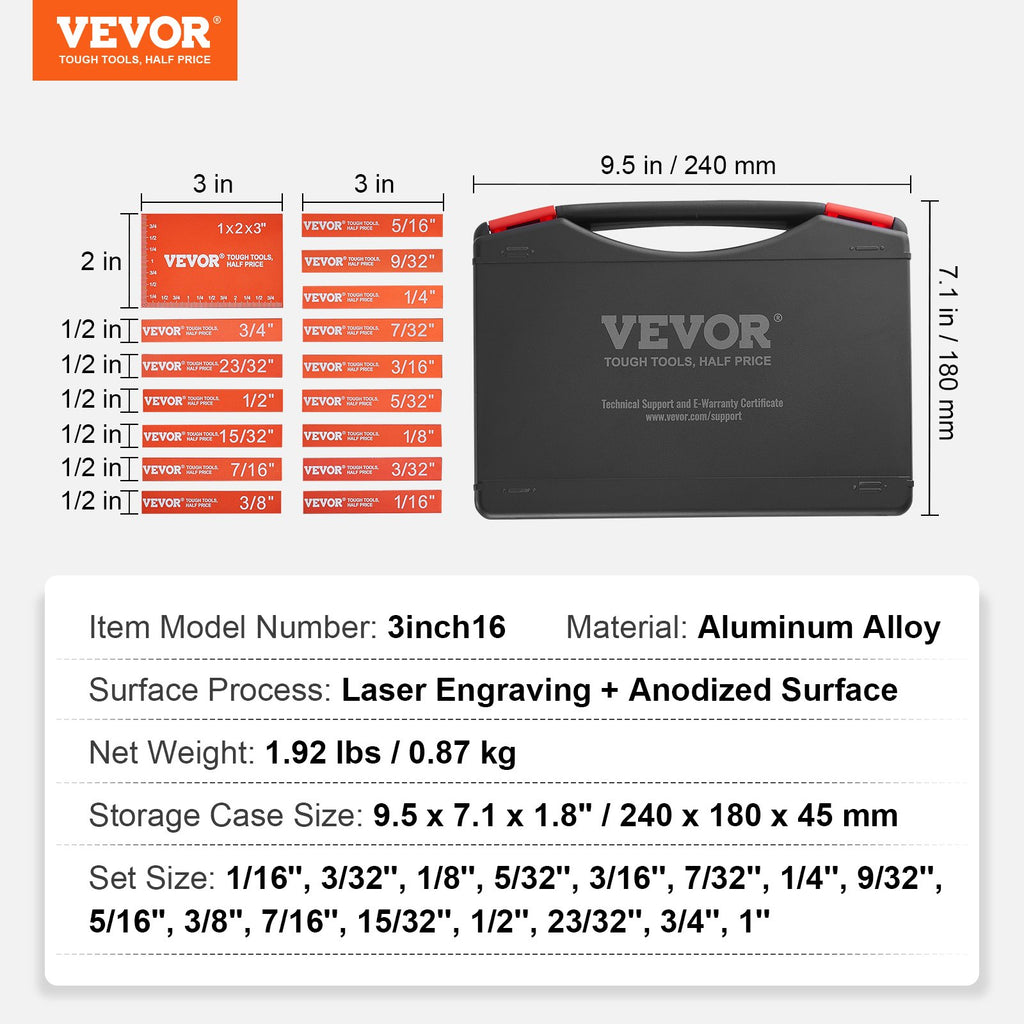 Aukščio matavimo kaladėlių rinkinys VEVOR 3inch16, 16 dalių