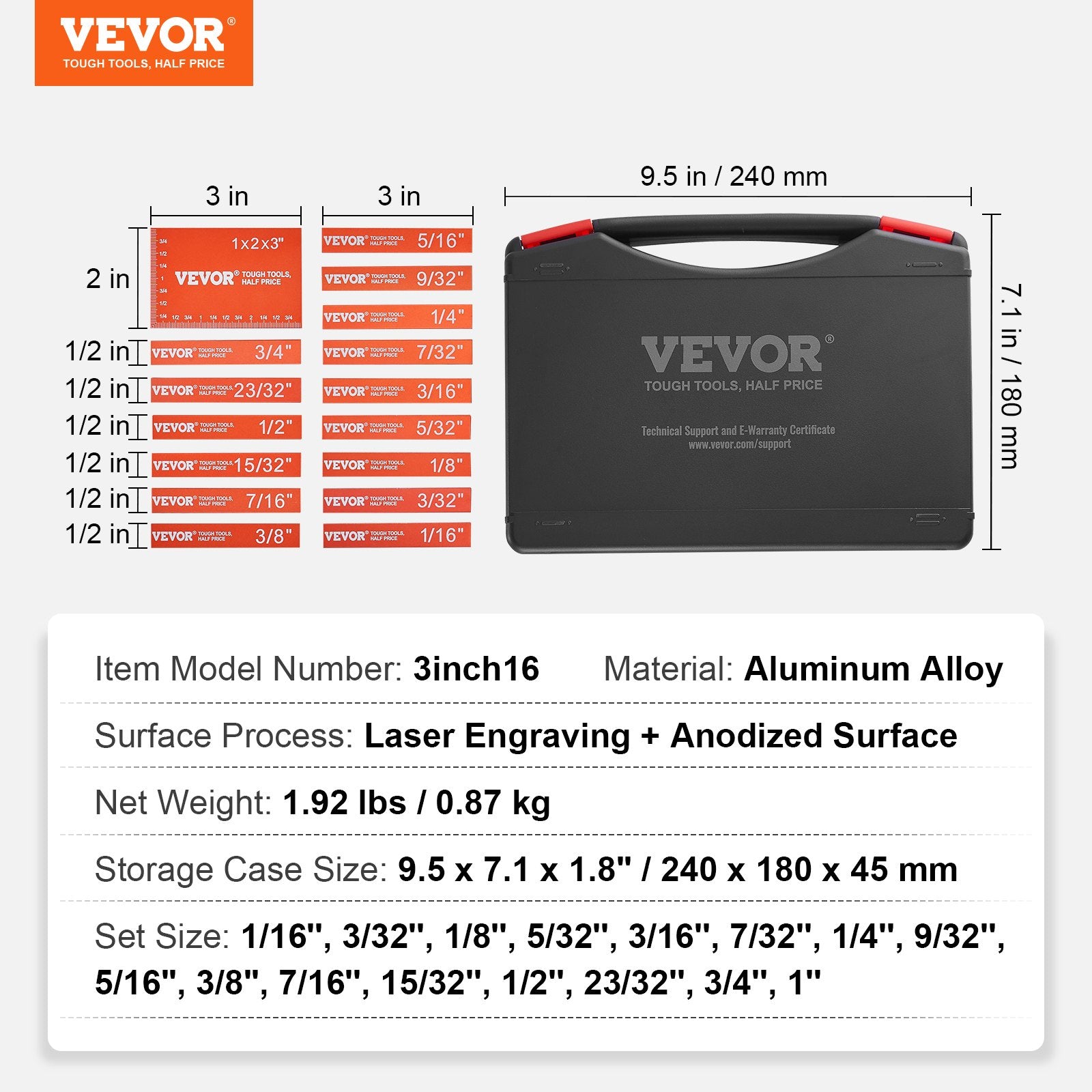 Aukščio matavimo kaladėlių rinkinys VEVOR 3inch16, 16 dalių