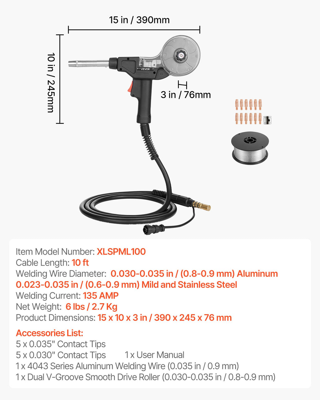 MIG suvirinimo pistoletas (Spool Gun) VEVOR XLSPML100, 135 A