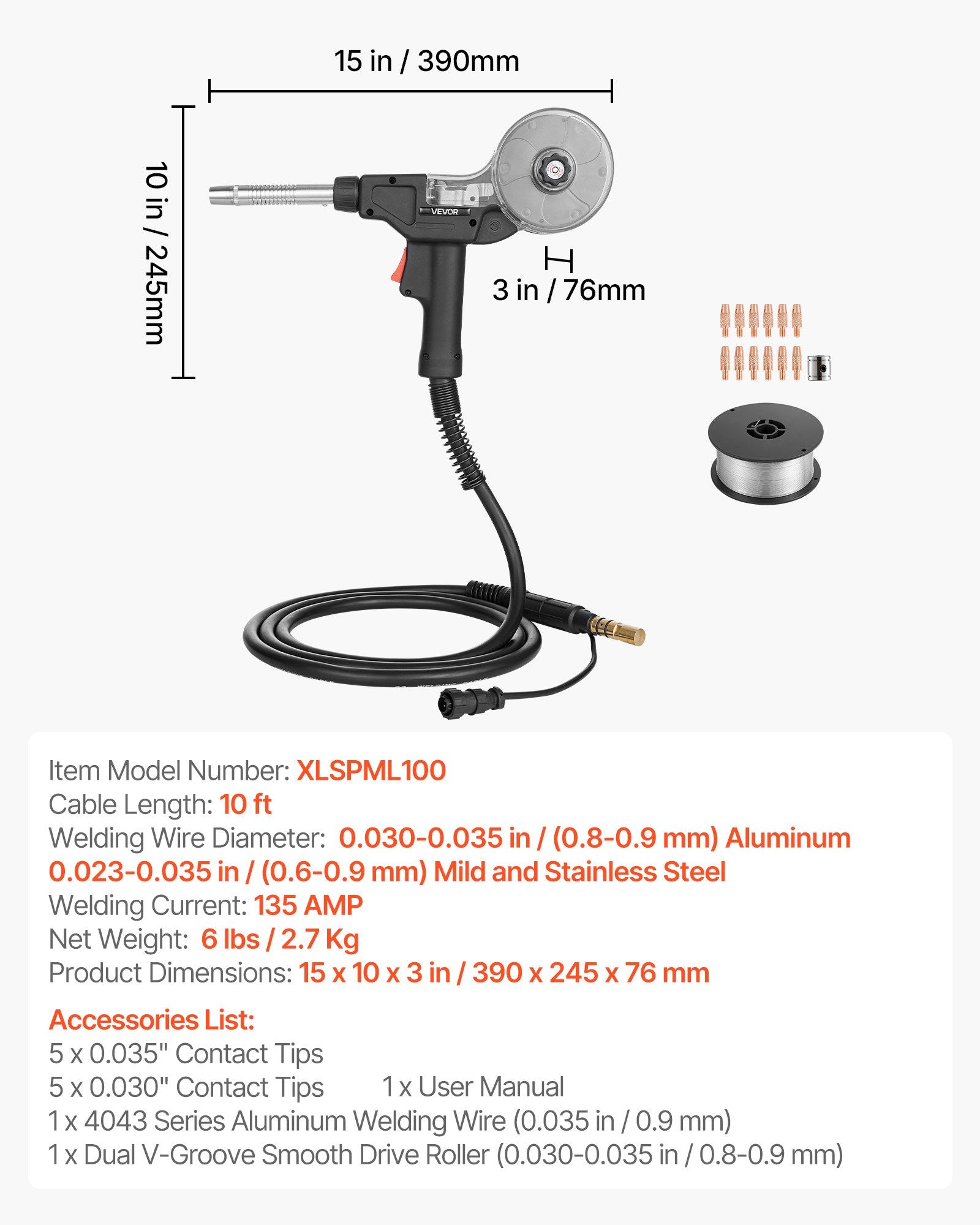 MIG suvirinimo pistoletas (Spool Gun) VEVOR XLSPML100, 135 A