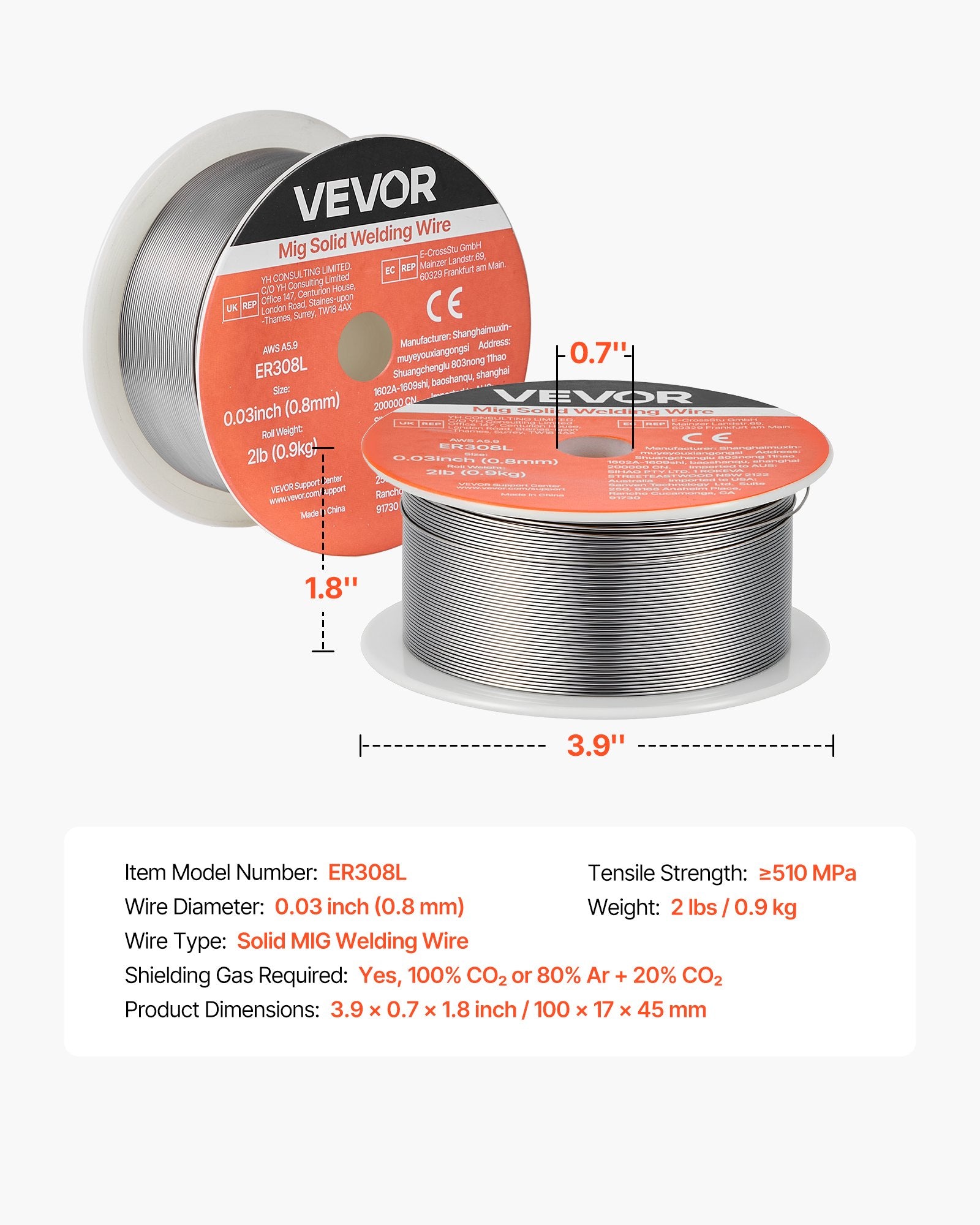 MIG suvirinimo viela VEVOR ER308L, 0,8 mm / 0,9 kg