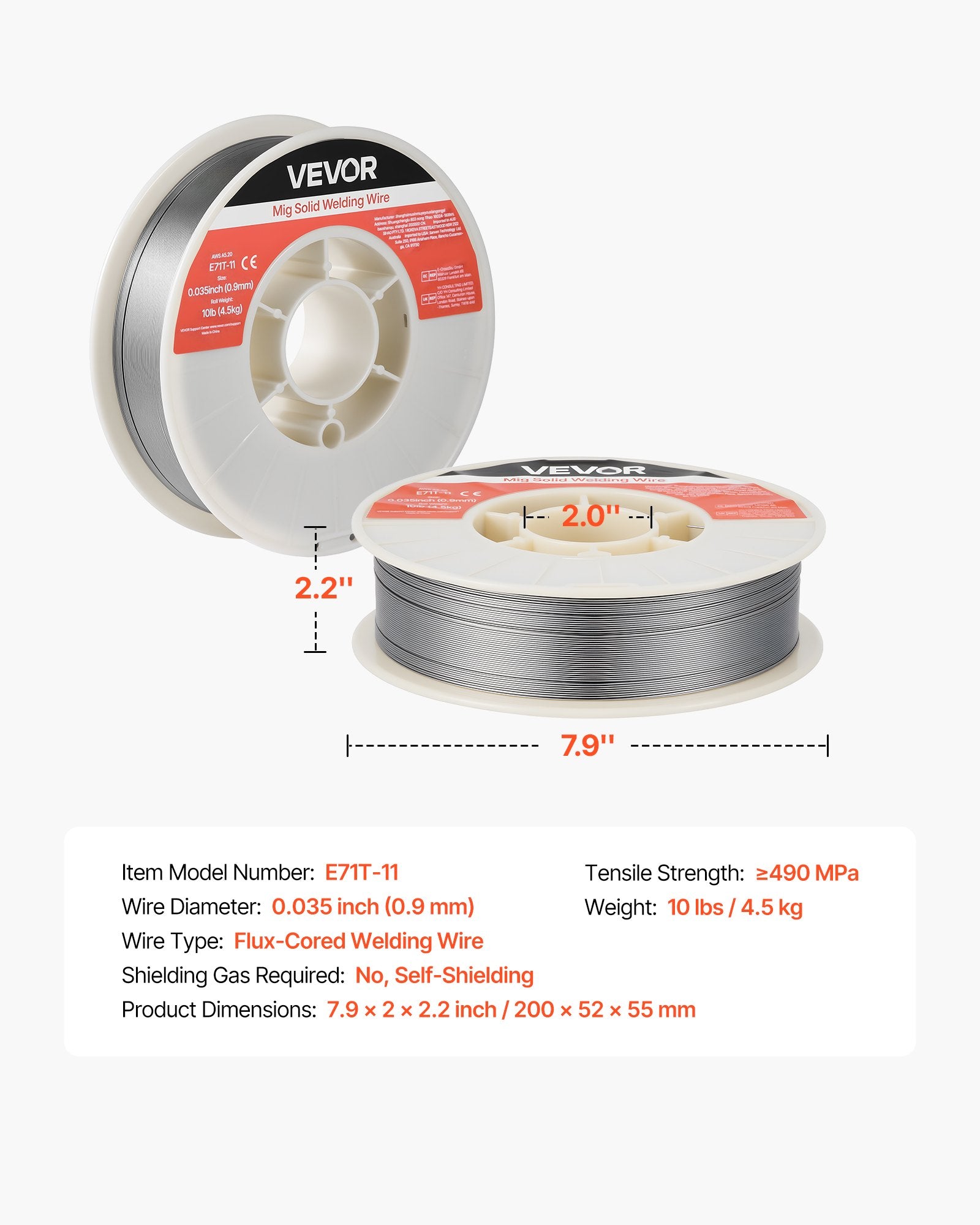 Flux Core suvirinimo viela VEVOR E71T-11, 0,9 mm, 4,5 kg