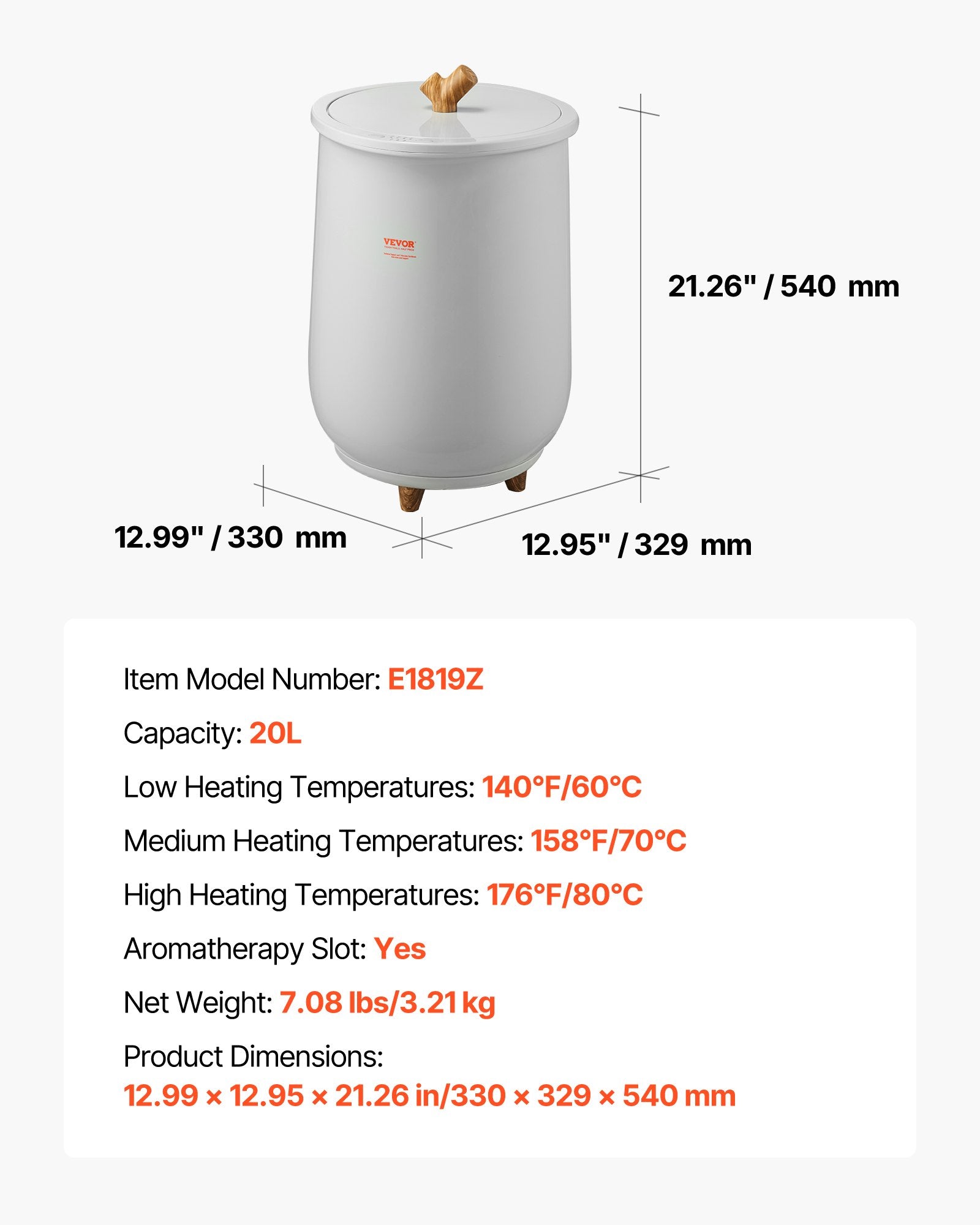Rankšluosčių šildytuvas VEVOR E1819Z, 20 l talpa