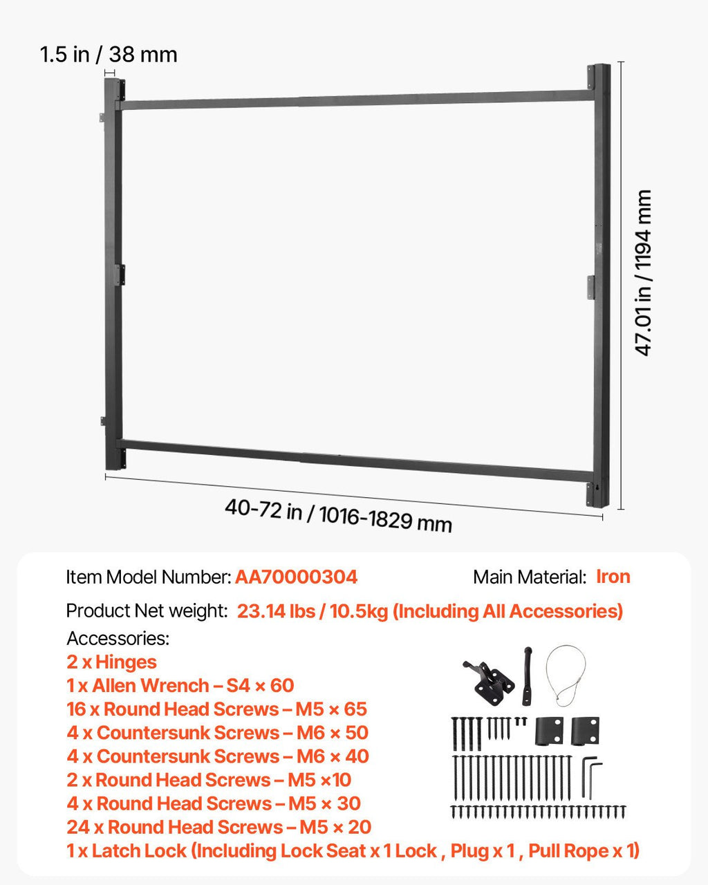 Vartų rėmo montavimo rinkinys VEVOR AA70000304, reguliuojamas plotis 101,6–182,9 cm