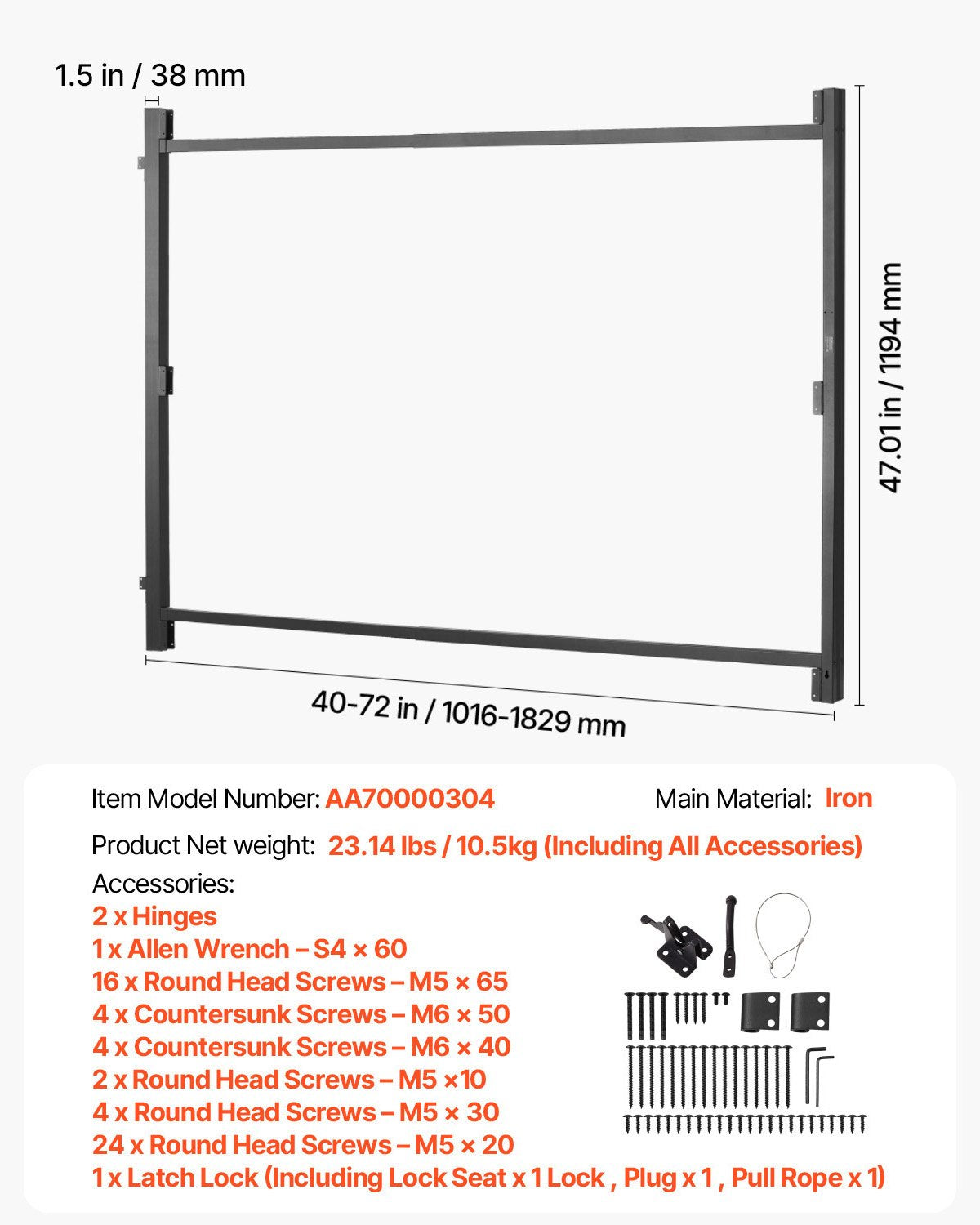 Vartų rėmo montavimo rinkinys VEVOR AA70000304, reguliuojamas plotis 101,6–182,9 cm
