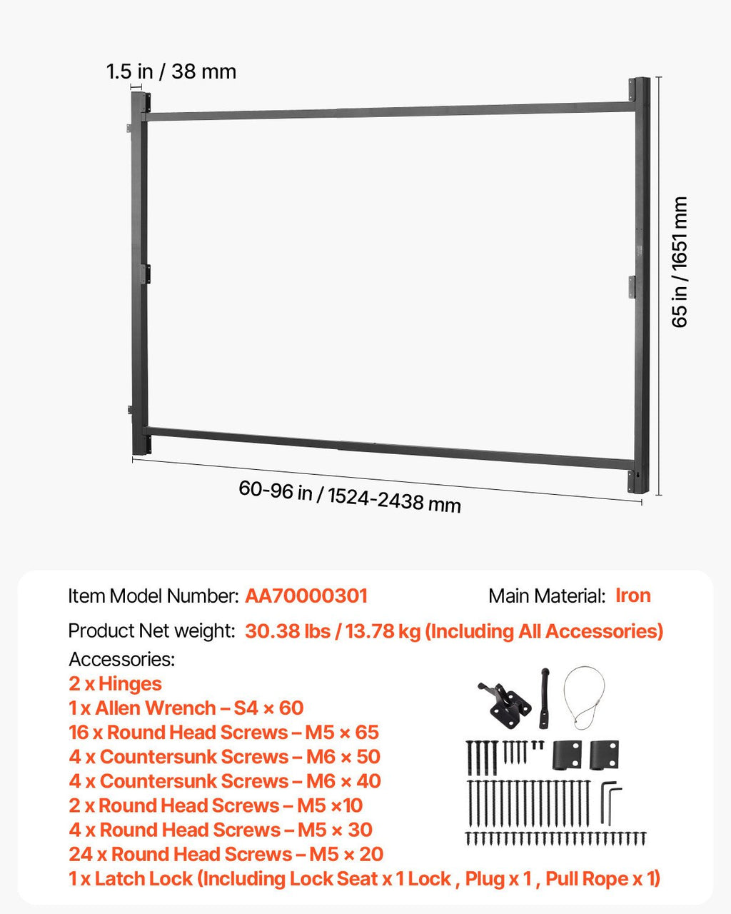 Vartų rėmo montavimo rinkinys VEVOR AA70000301, reguliuojamas plotis 152–244 cm