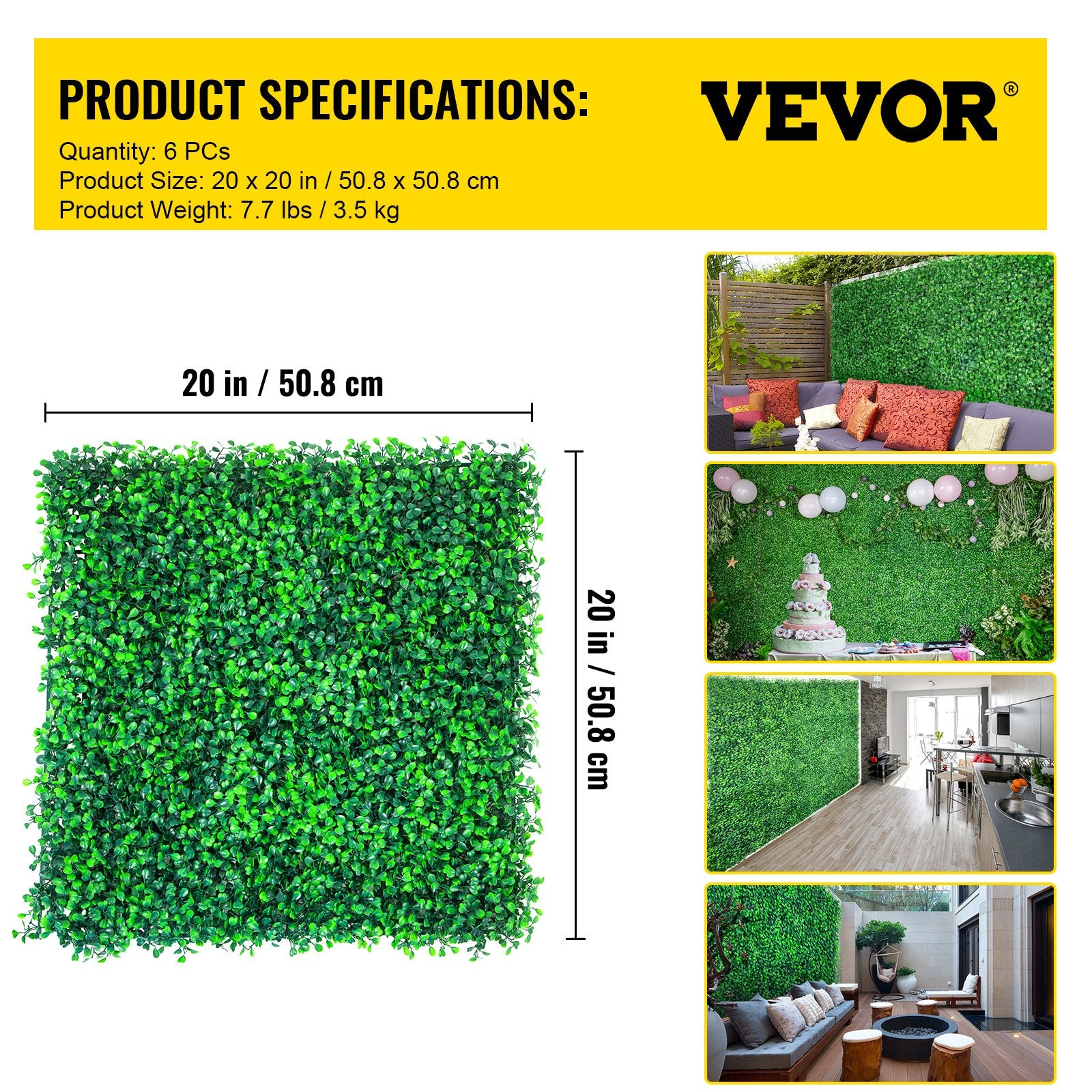 Dirbtinės buksmedžio gyvatvorės plokštės VEVOR VV-MLCRZZWQ-20X20 6PC 400D, 6 vnt. komplektas