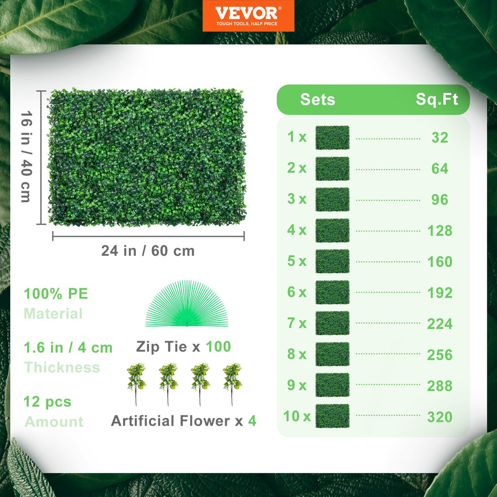Dirbtinės gyvatvorės panelės VEVOR Boxwood, 12 vnt. (60x40 cm)
