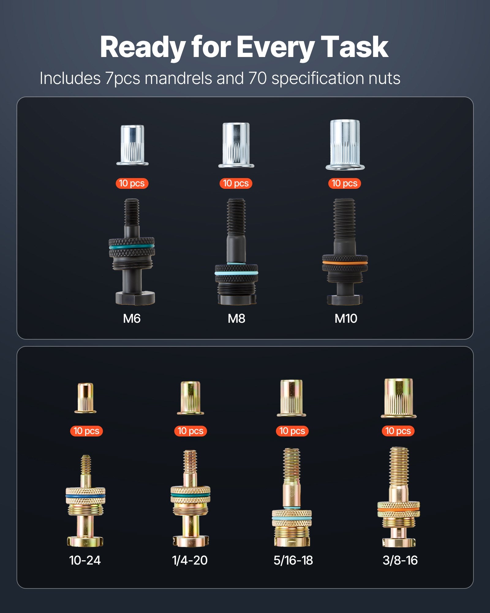 Kniediklių rinkinys srieginei kniedei VEVOR DY-8805, 340 mm