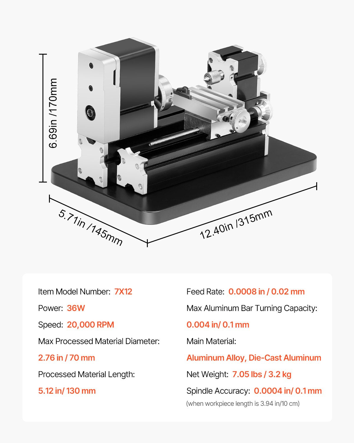 Mini metalo tekinimo staklės VEVOR 7X12, 20 000 sūk./min.