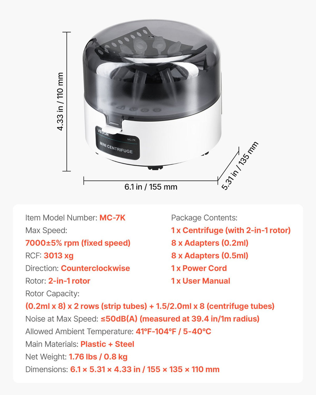 Mini laboratorinė centrifugė VEVOR MC-7K, 7000 sūk./min.