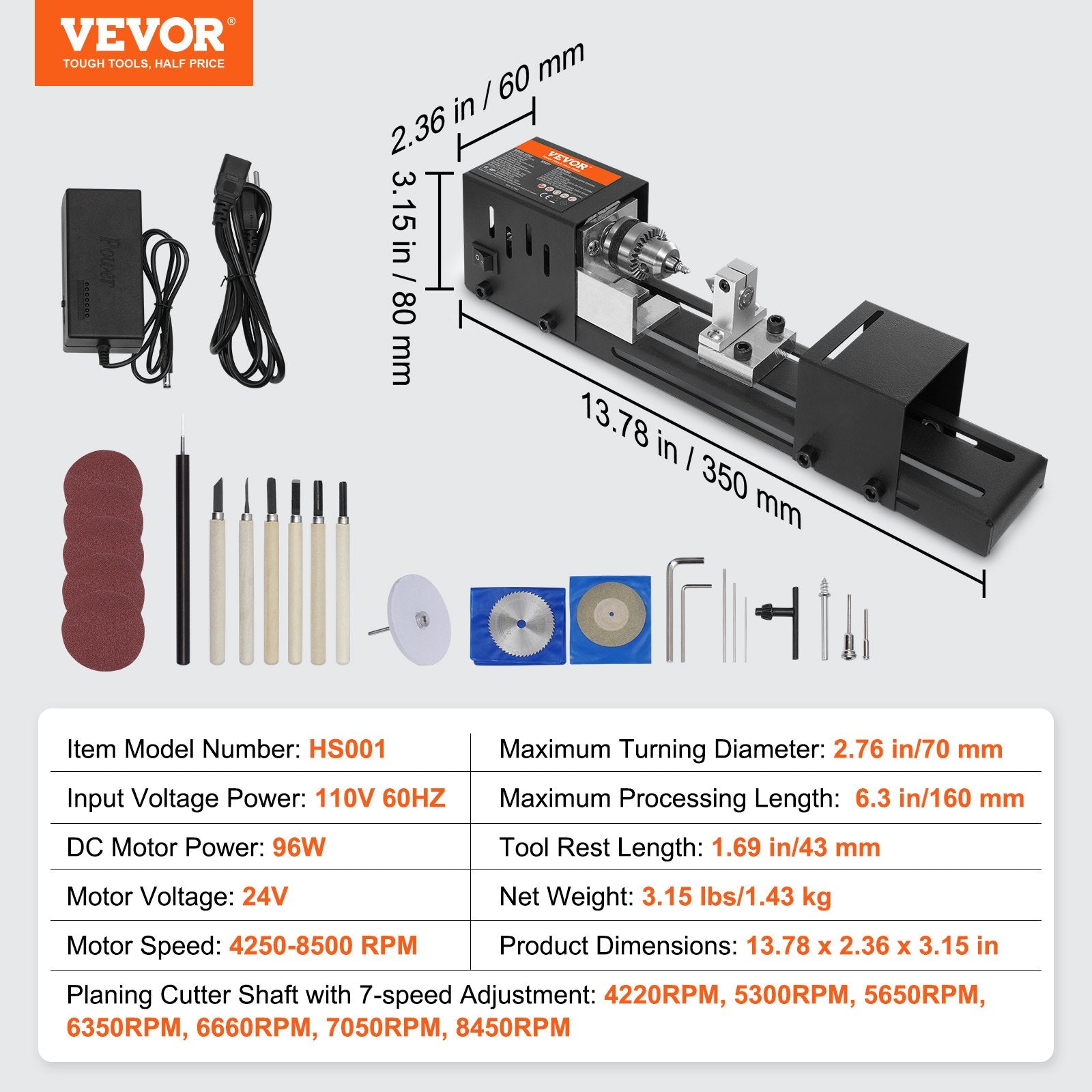 Mini medžio tekinimo staklės VEVOR HS001, 96W