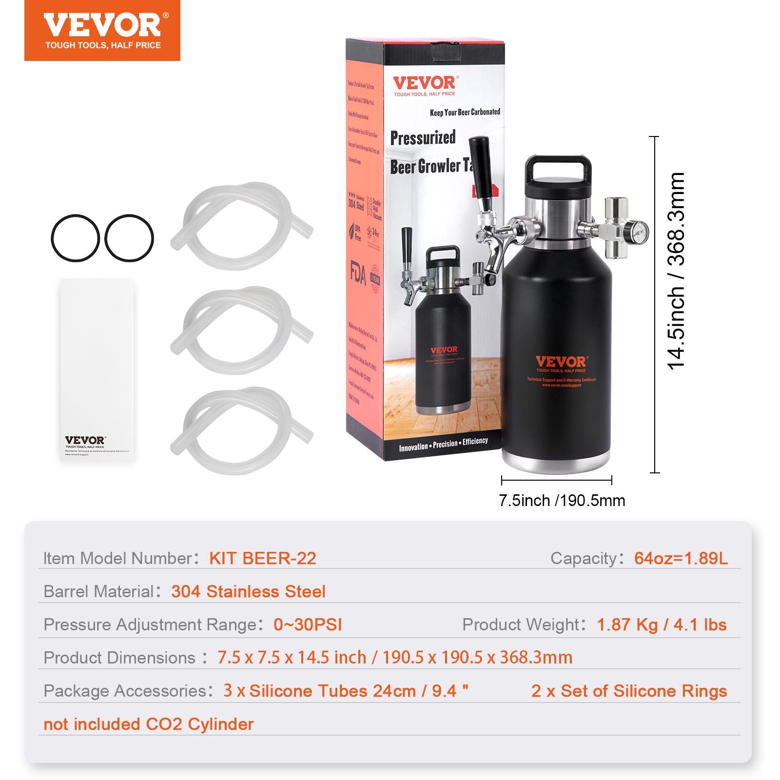 Mini alaus statinaitė (growler) VEVOR KIT BEER-22, 1,89 l