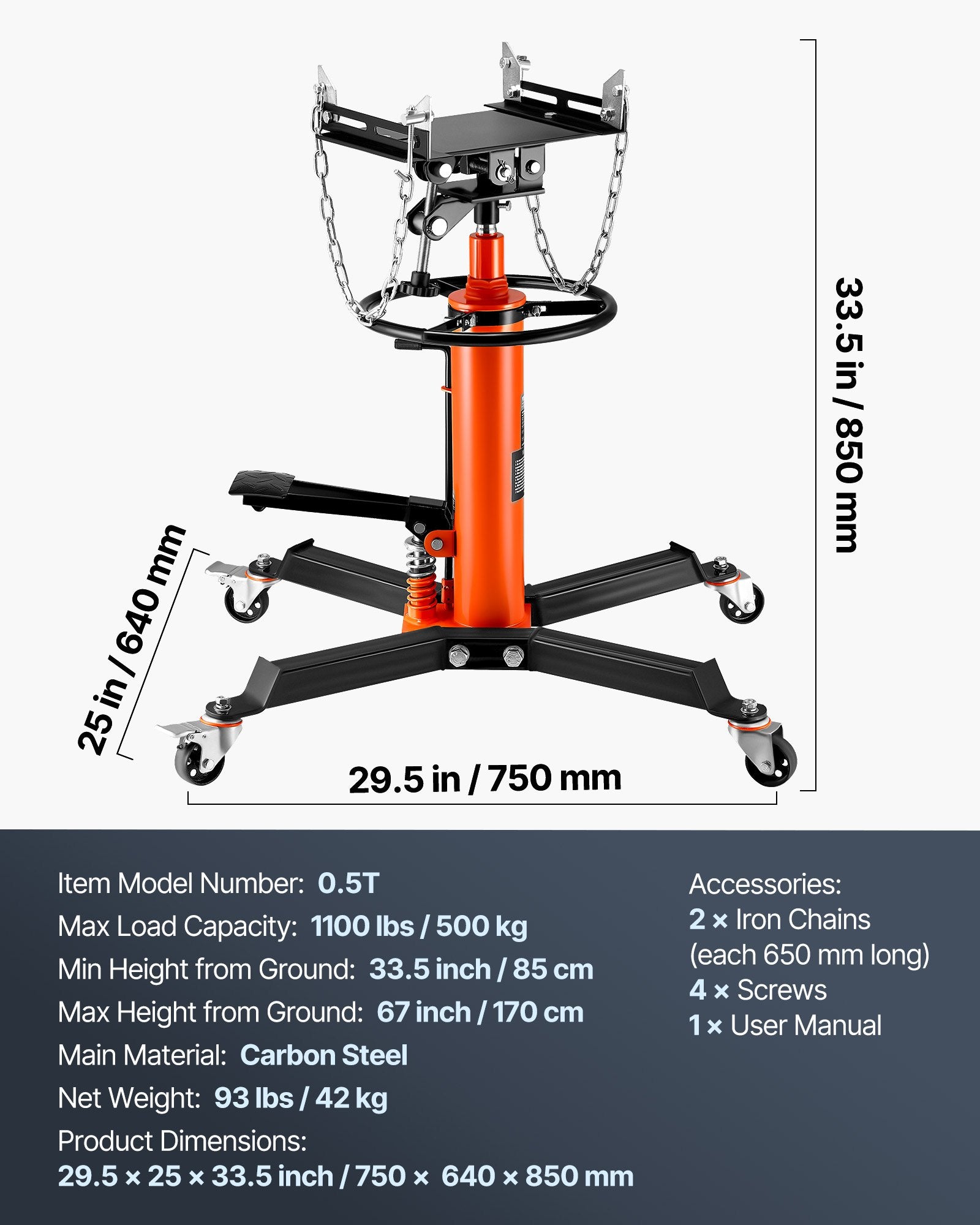 Pavarų dėžių keltuvas VEVOR 1100ORANGEJACK, 500 kg