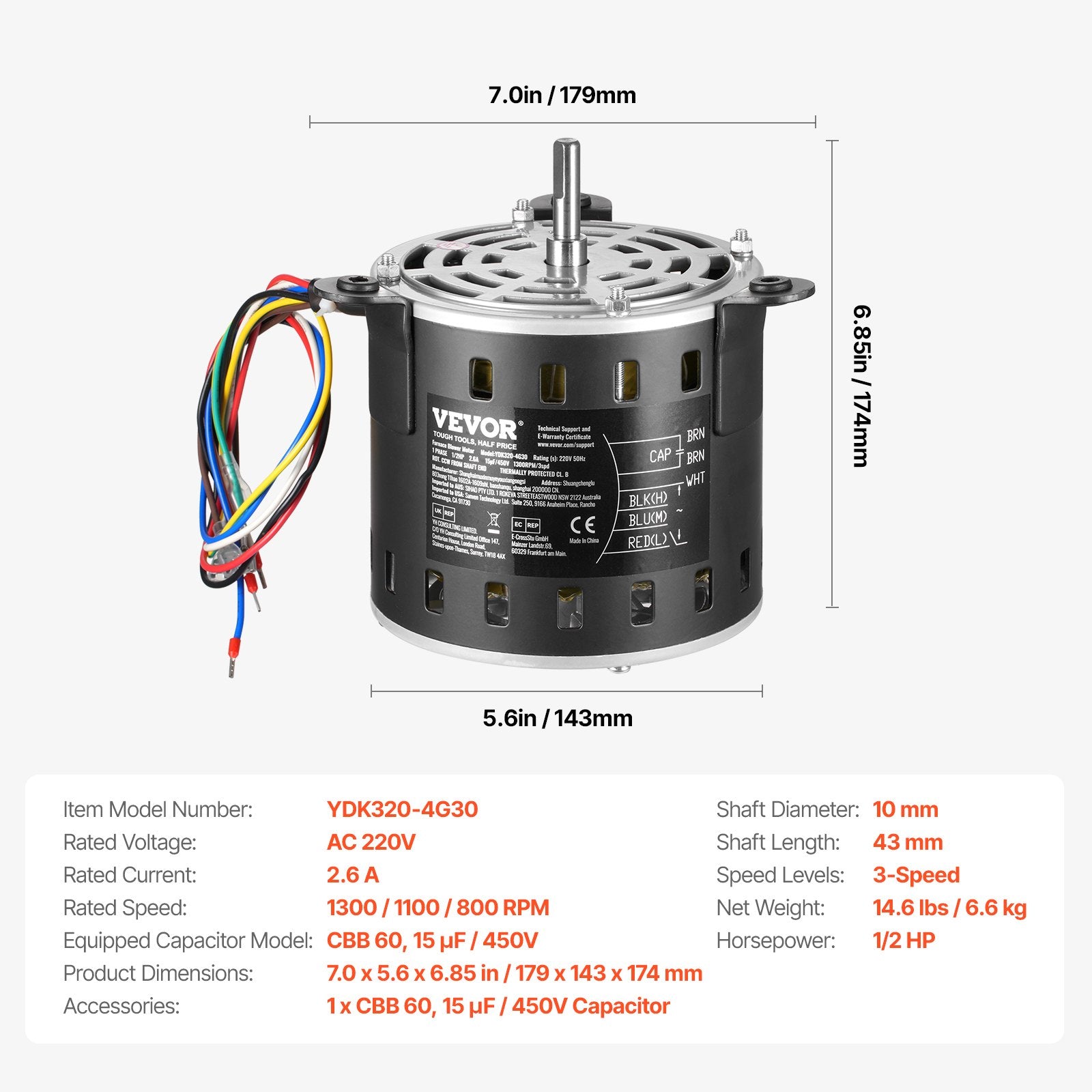 Krosnies ventiliatoriaus variklis VEVOR YDK320-4G30, 1/2 AG