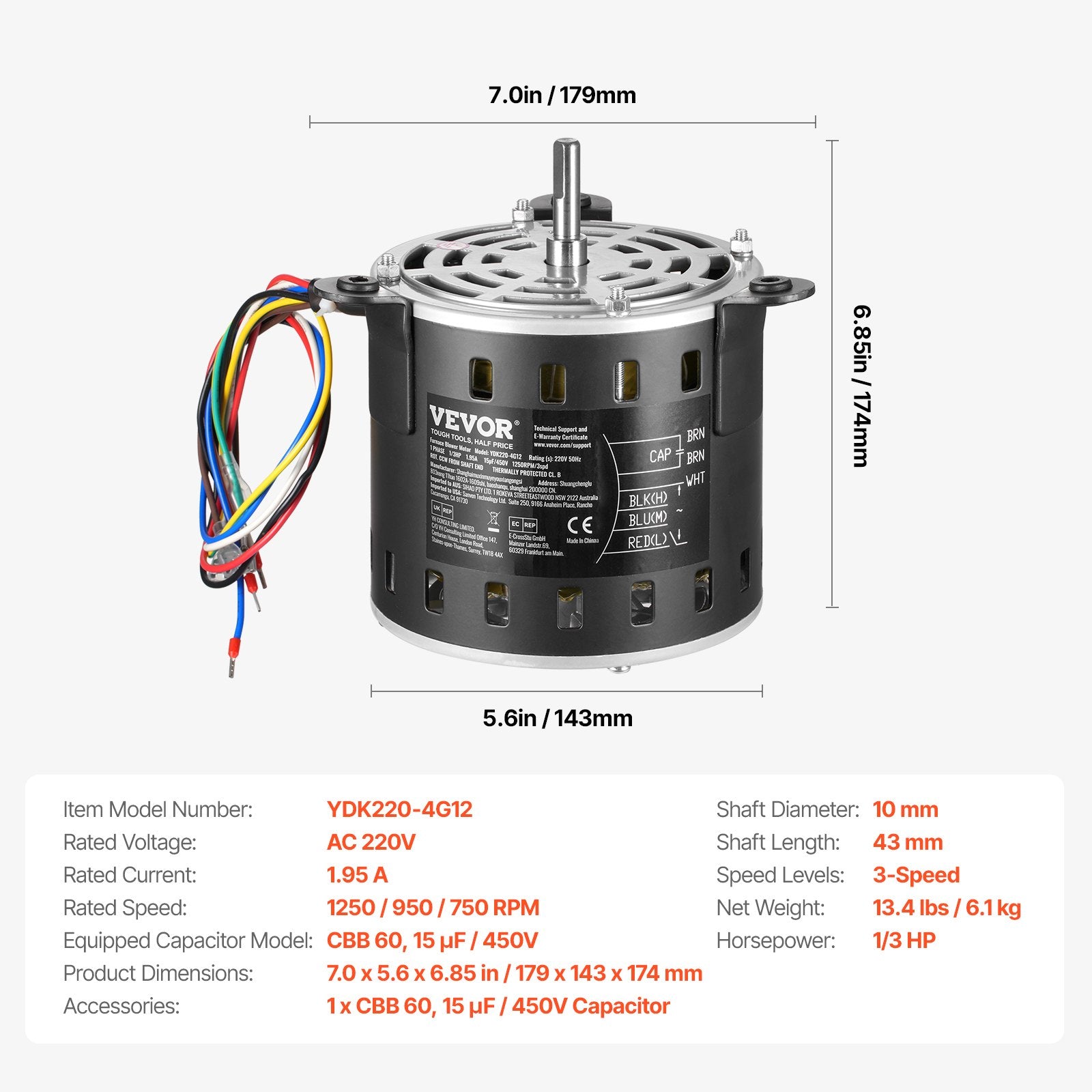 Krosnies ventiliatoriaus variklis VEVOR YDK220-4G12, 1/3 HP