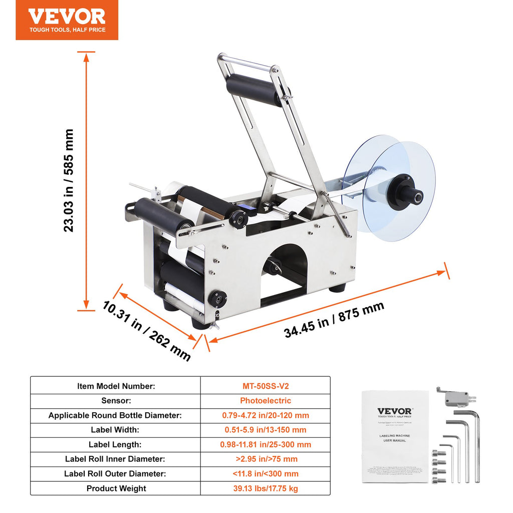 Pusiau automatinė apvalių butelių ženklinimo mašina VEVOR MT-50SS-V2, 20-50 vnt./min.