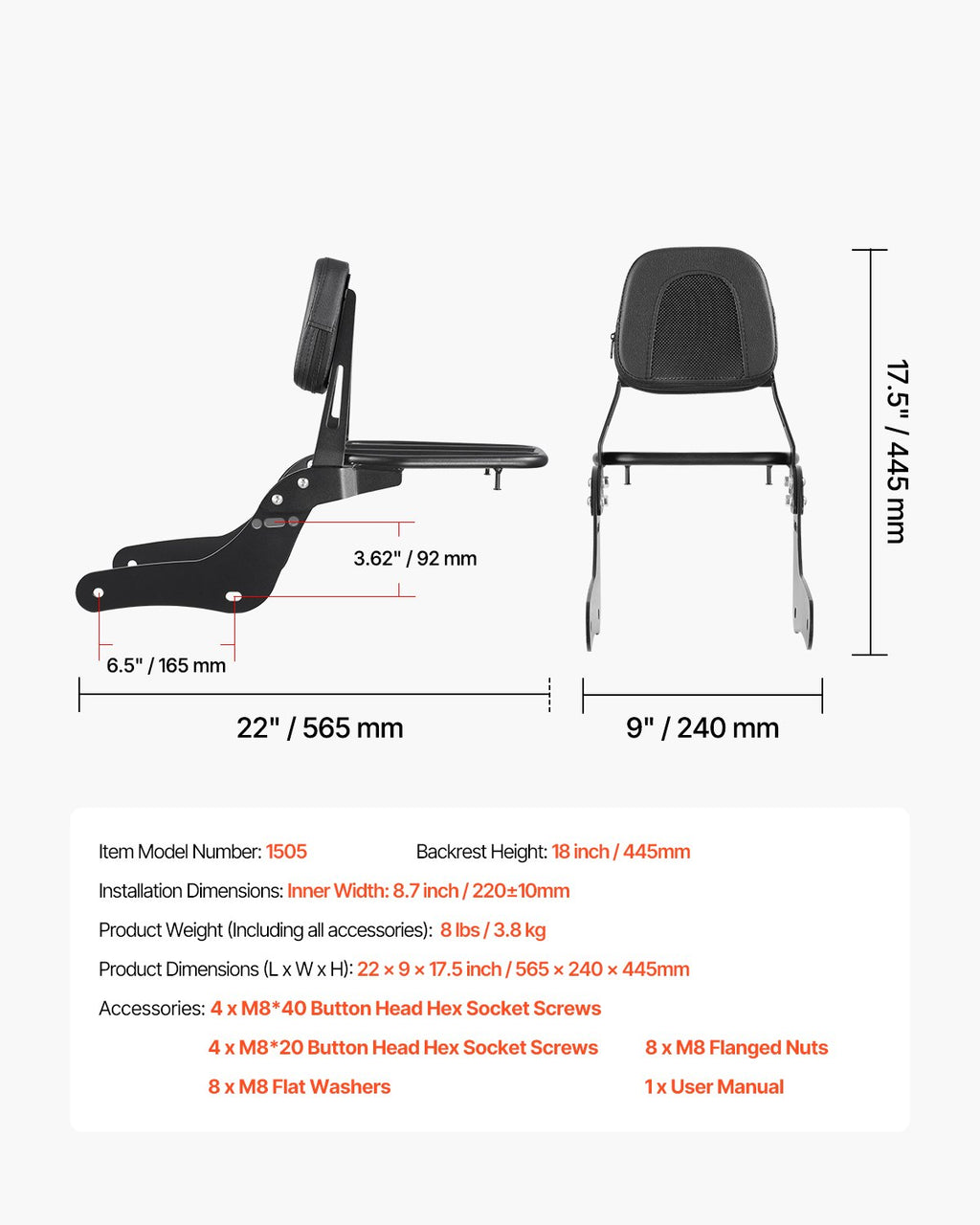 Motociklo atlošas su bagažine VEVOR Honda Rebel CMX 1100, 445 mm aukštis