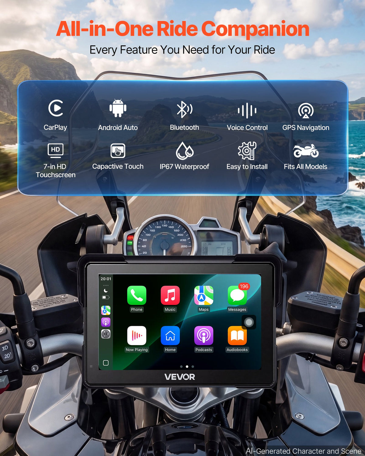 Motociklo navigacijos sistema VEVOR F93D+, 7 colių ekranas