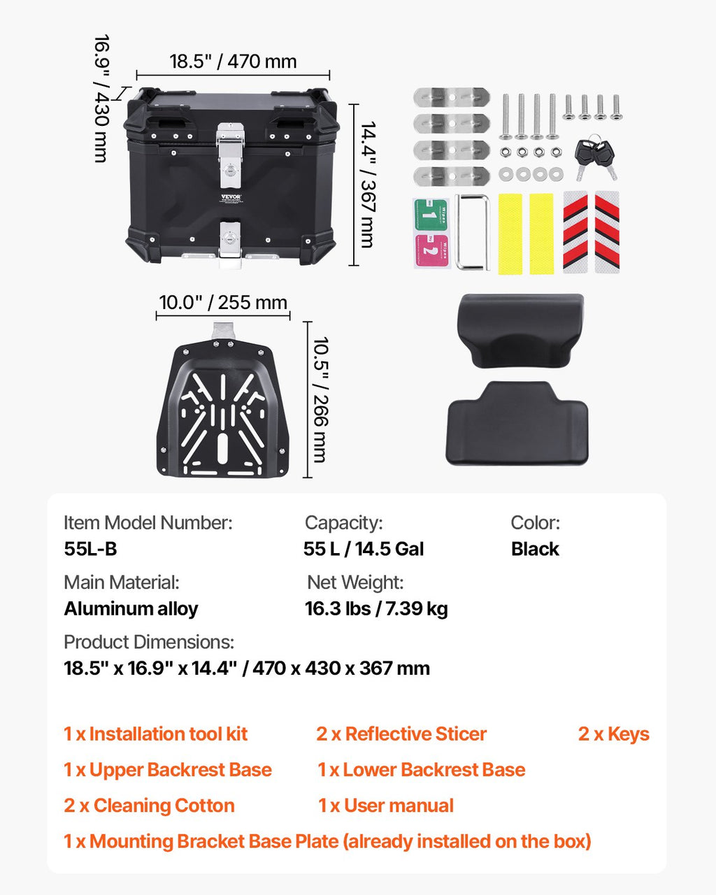 Motociklo galinė dėžė VEVOR 55L-B, 55 l talpa