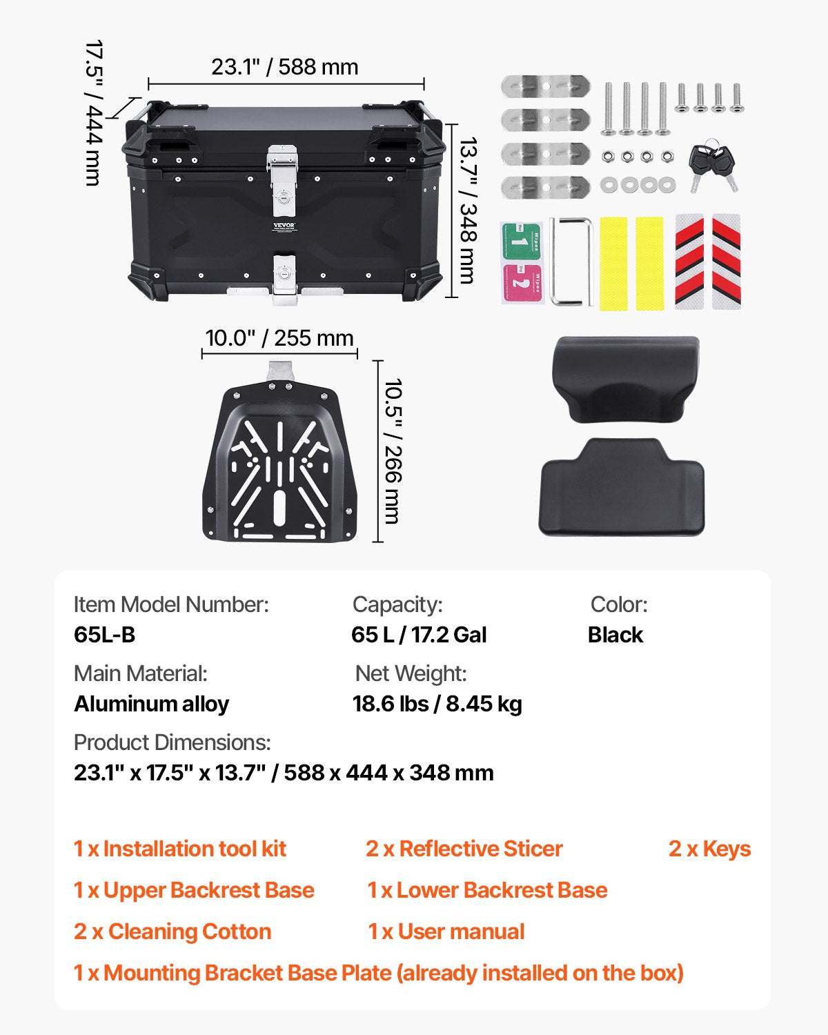 Motociklo galinė dėžė VEVOR 65L-B, 65 l talpa