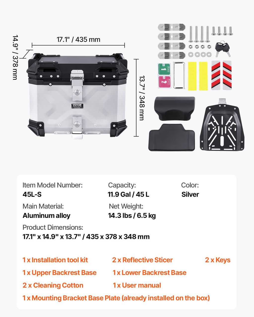 Motociklo galinė dėžė VEVOR 45L-S, 45 l talpa