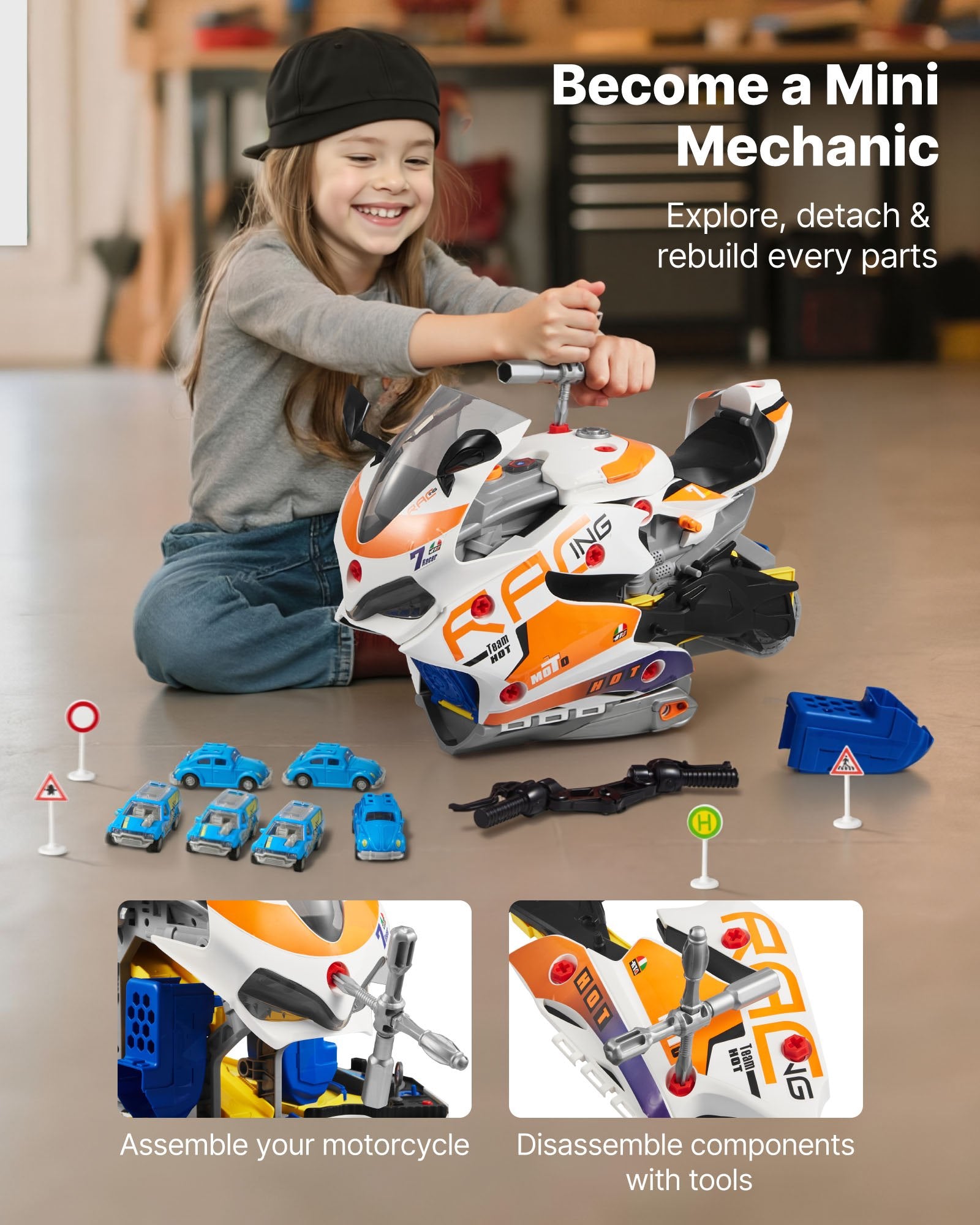 Žaislinis motociklo variklis VEVOR D003-3, 25 dalių rinkinys