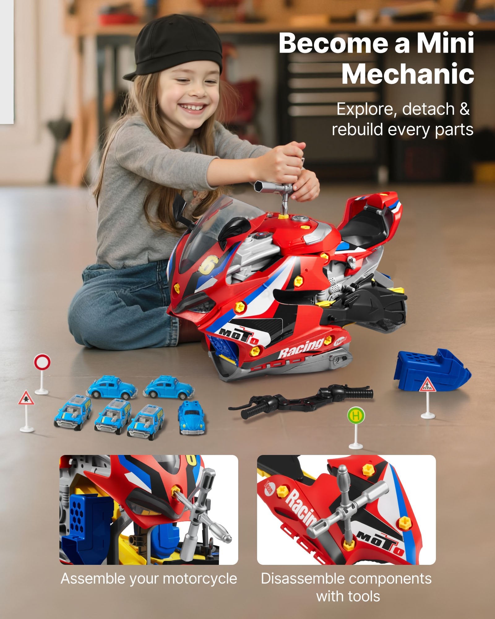 Žaislinis motociklo variklis VEVOR D003-2, 25 dalių rinkinys