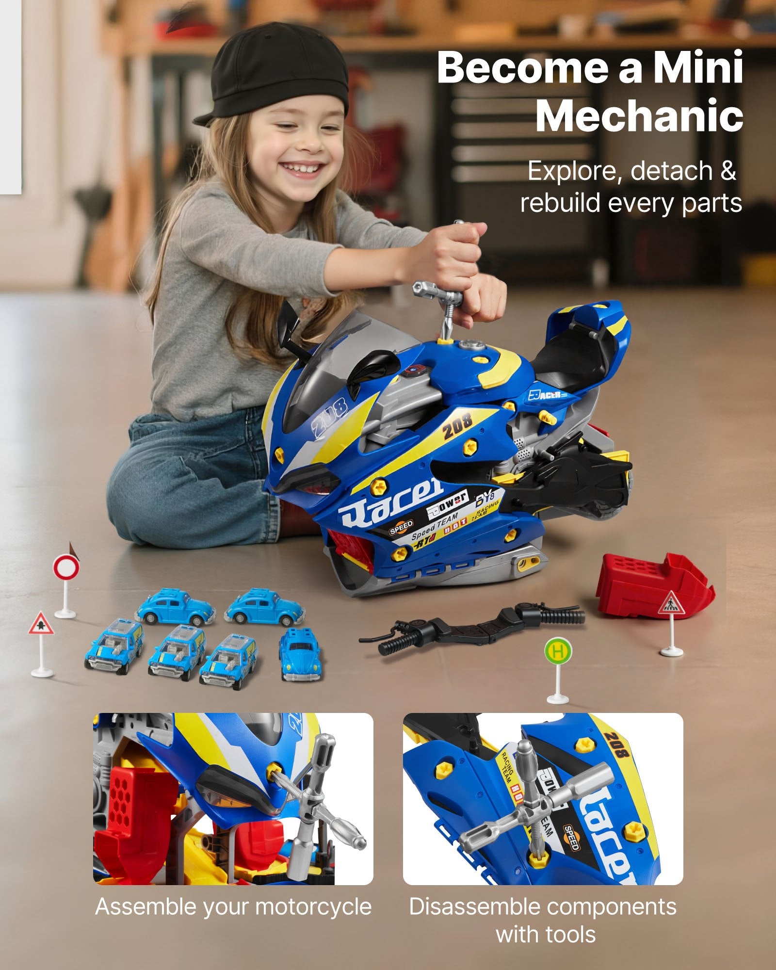 Žaislinis motociklo variklis VEVOR D003-4, 25 dalių rinkinys
