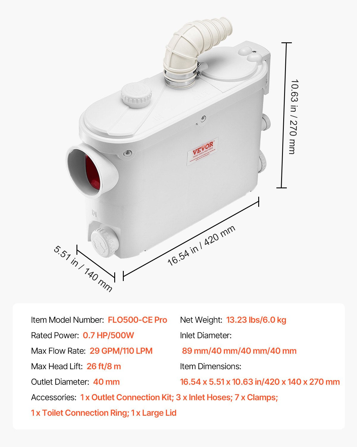 Smulkinantis nuotekų siurblys VEVOR FLO500, 500 W