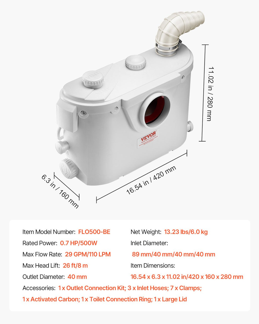 Smulkinantis nuotekų siurblys VEVOR FLO500-BE, 500 W