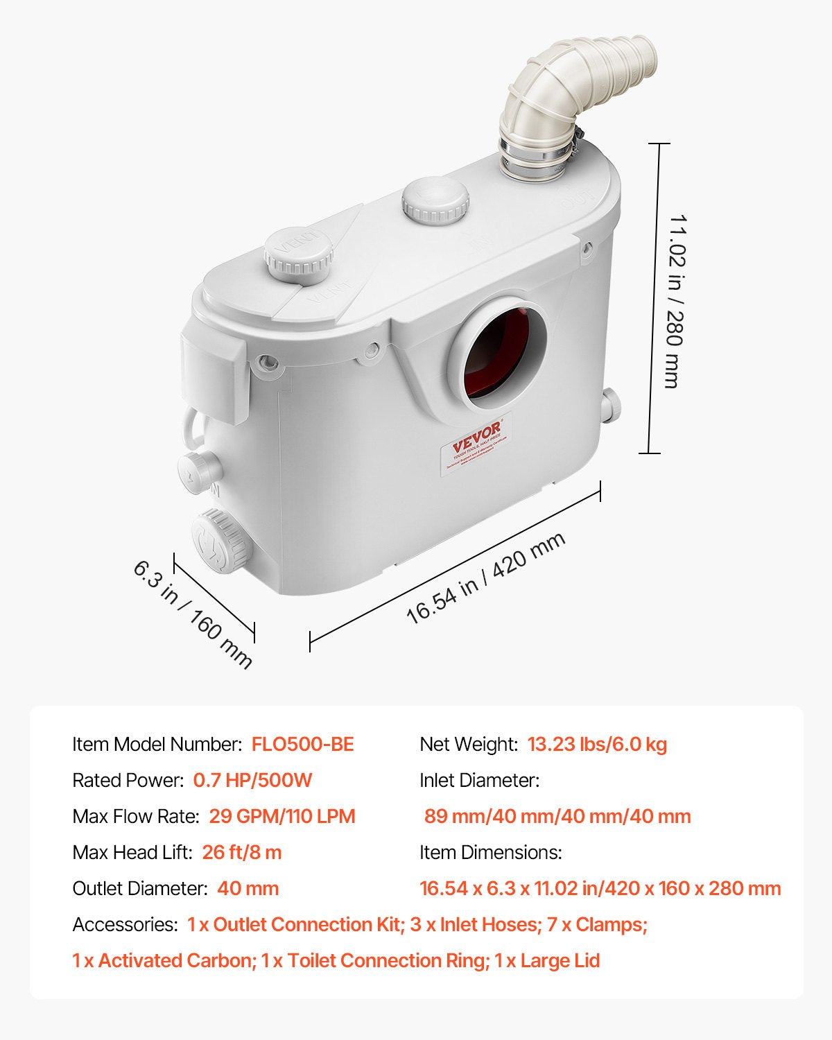 Smulkinantis nuotekų siurblys VEVOR FLO500-BE, 500 W