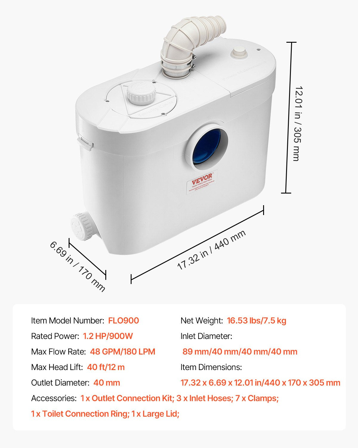 Nuotekų smulkintuvas-siurblys VEVOR FLO900, 900W