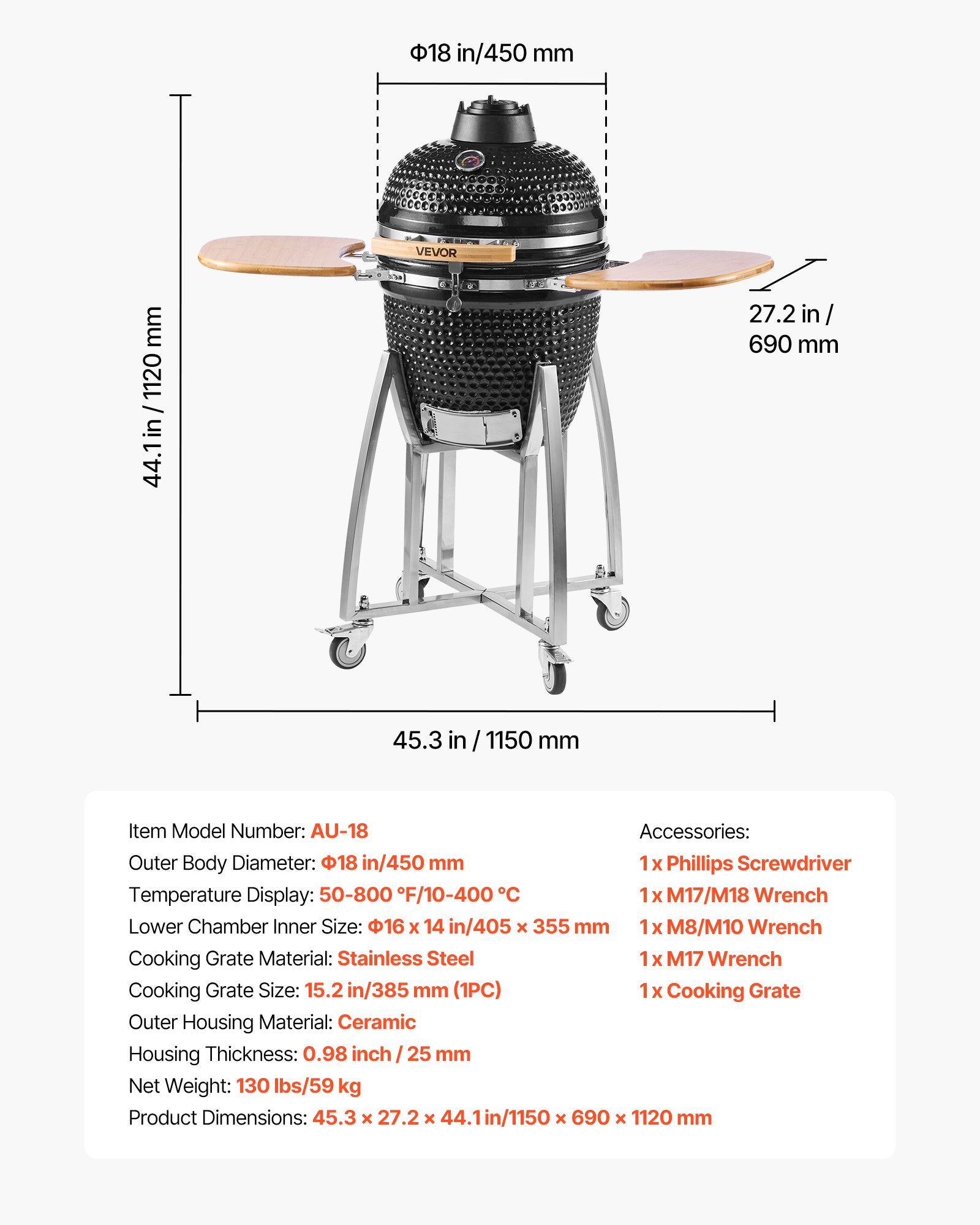 Kamado kepsninė VEVOR AU-18, 450 mm skersmens