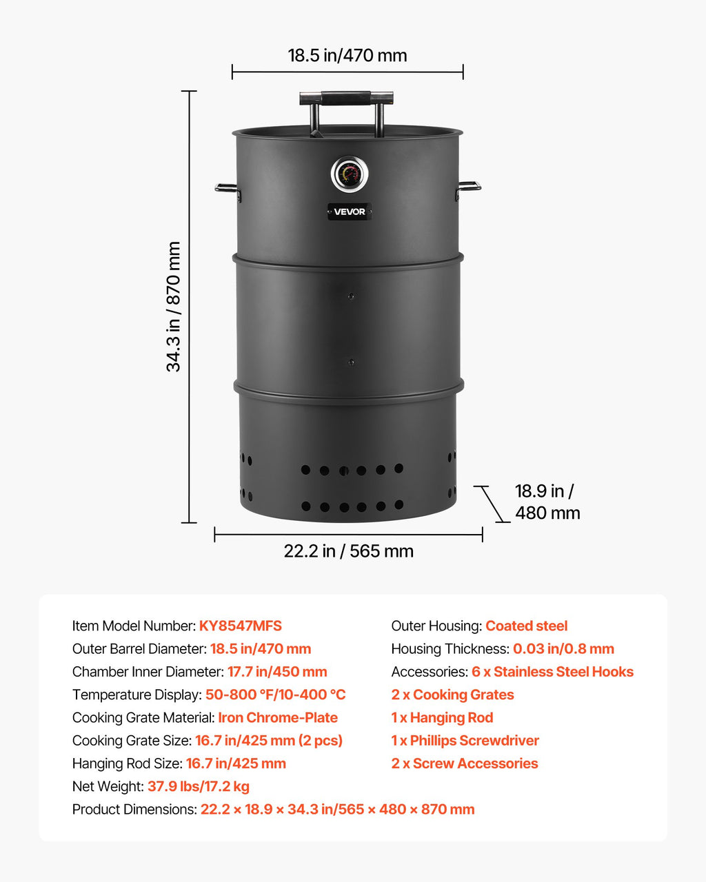 Anglinė rūkykla-kepsninė VEVOR KY8547MFS, 470 mm skersmens