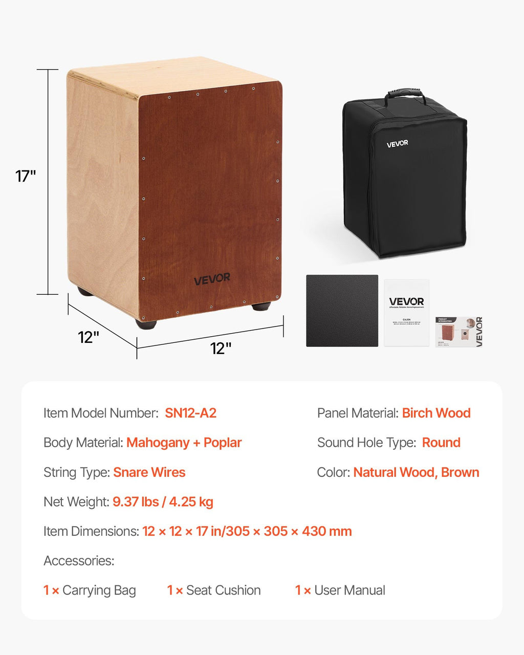 Kachonas (Cajon būgnas) VEVOR SN12-A2, 305 x 305 x 430 mm