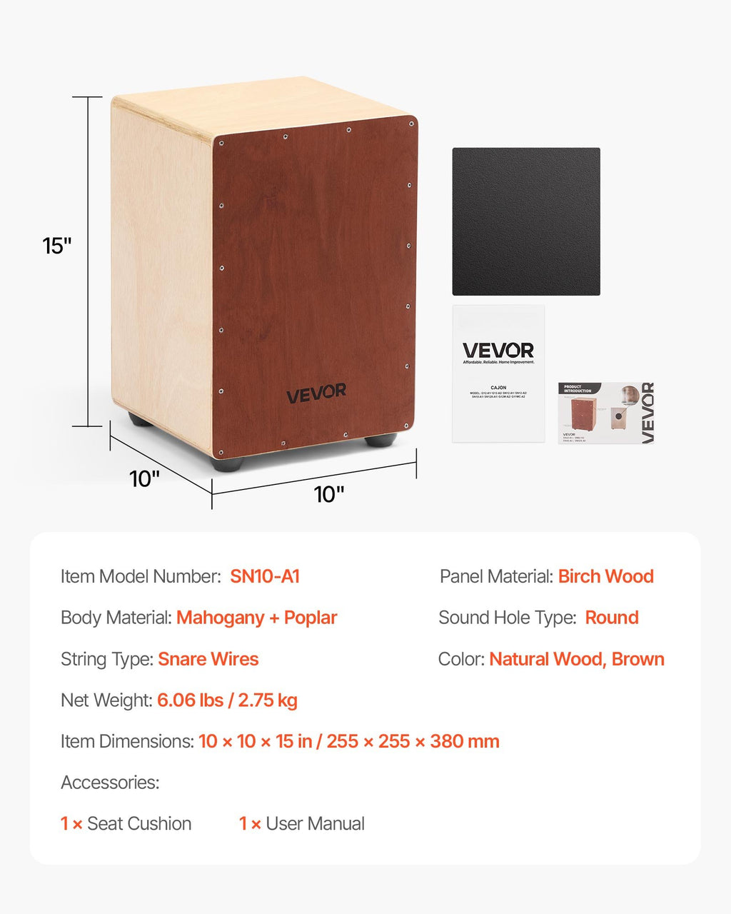 Kachonas (Cajon) VEVOR SN10-A1, 255 x 255 x 380 mm