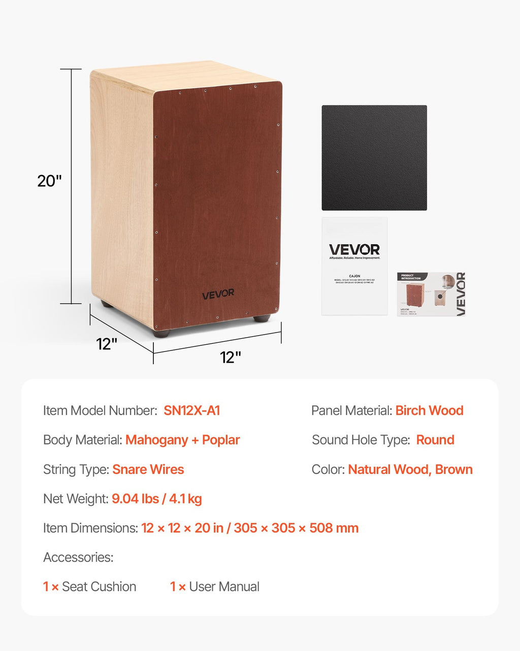 Kachonas (Cajon) VEVOR SN12X-A1, 305 x 305 x 508 mm