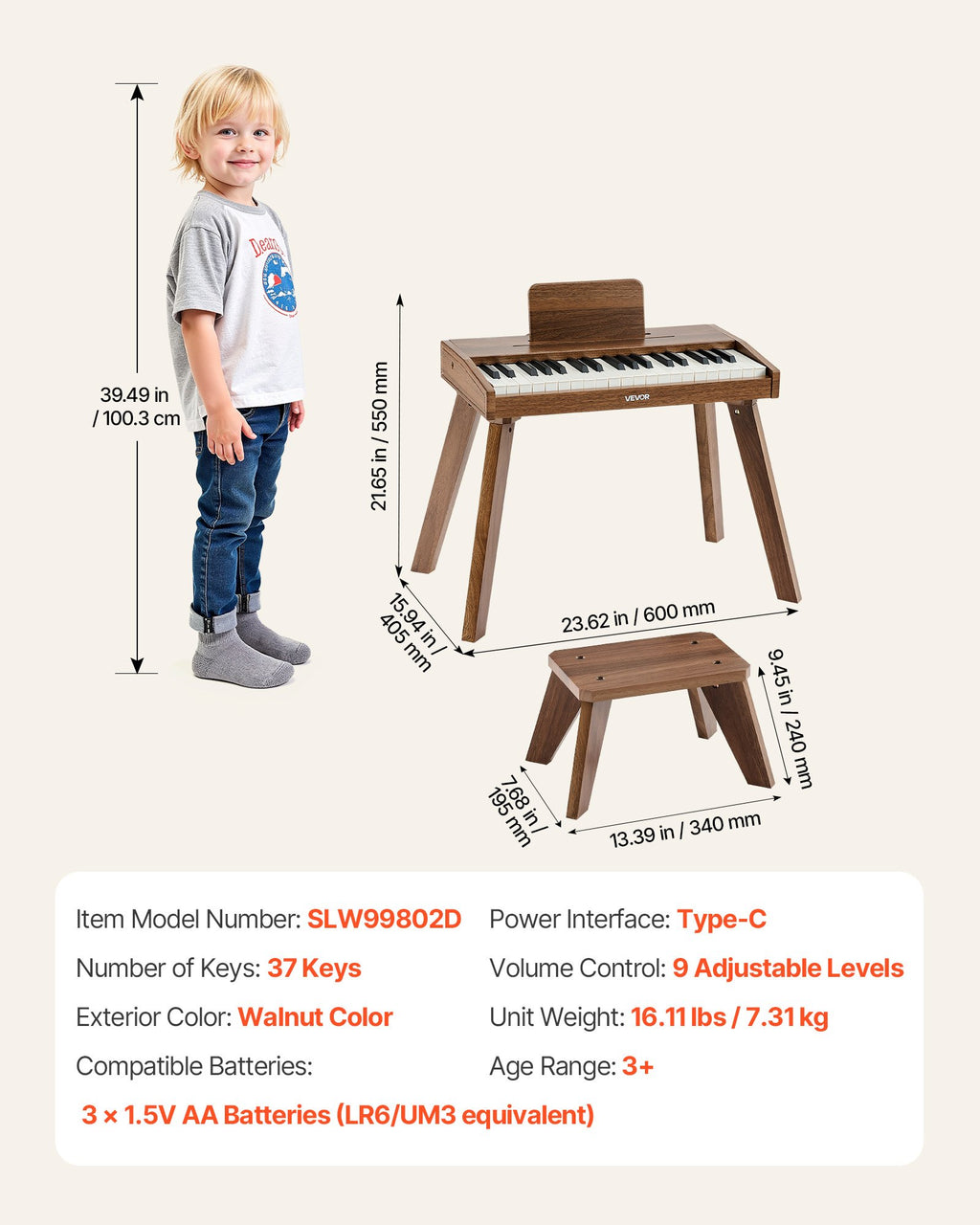Vaikiškas skaitmeninis pianinas VEVOR SLW99802D, 37 klavišai