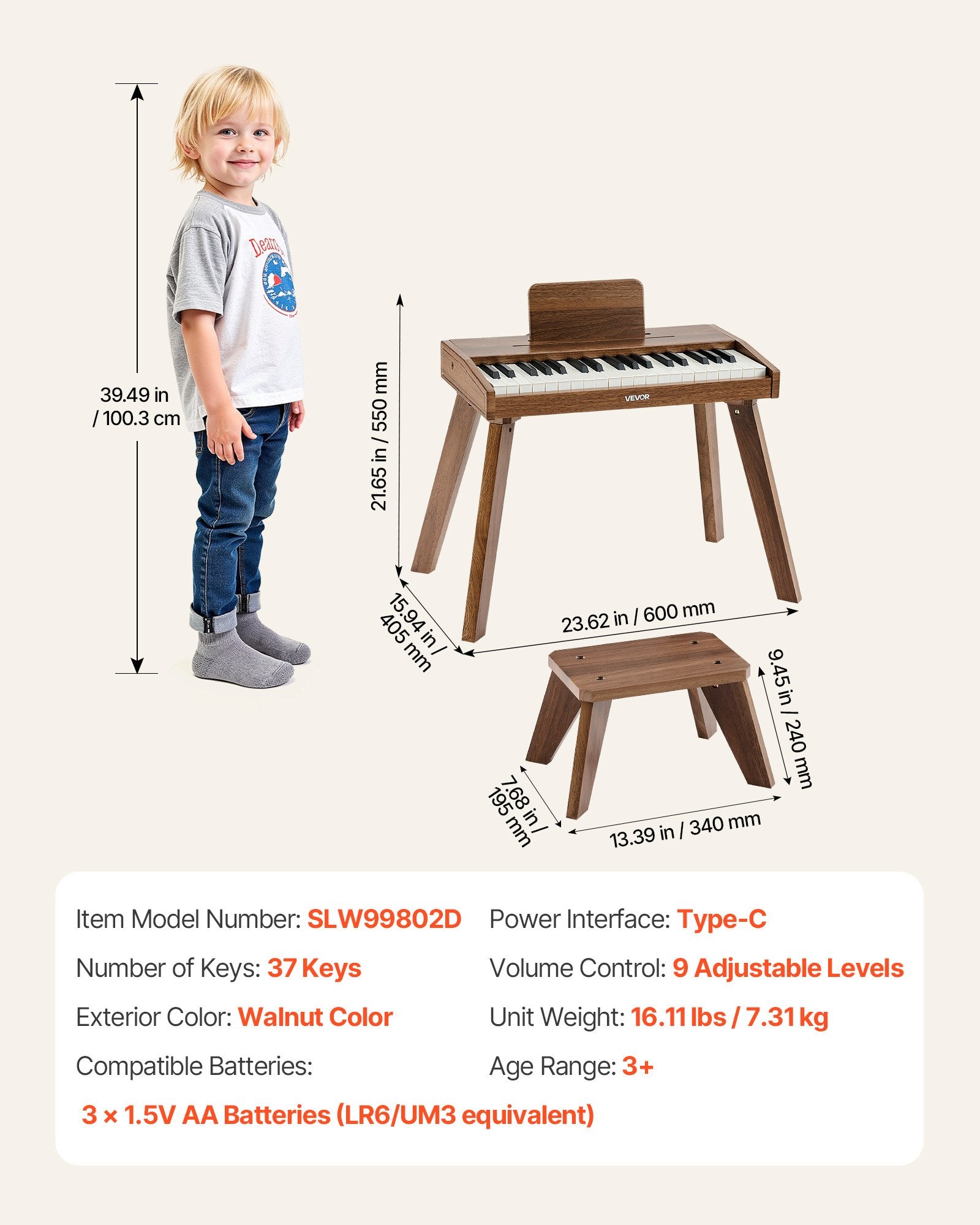 Vaikiškas skaitmeninis pianinas VEVOR SLW99802D, 37 klavišai