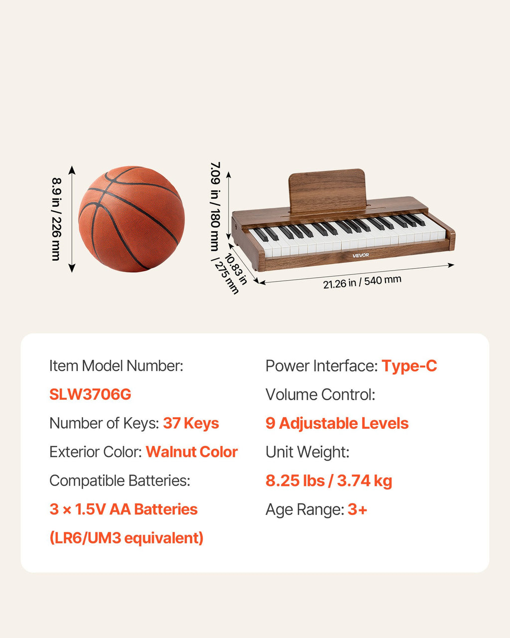 Vaikiškas skaitmeninis pianinas VEVOR SLW3706G, 37 klavišai