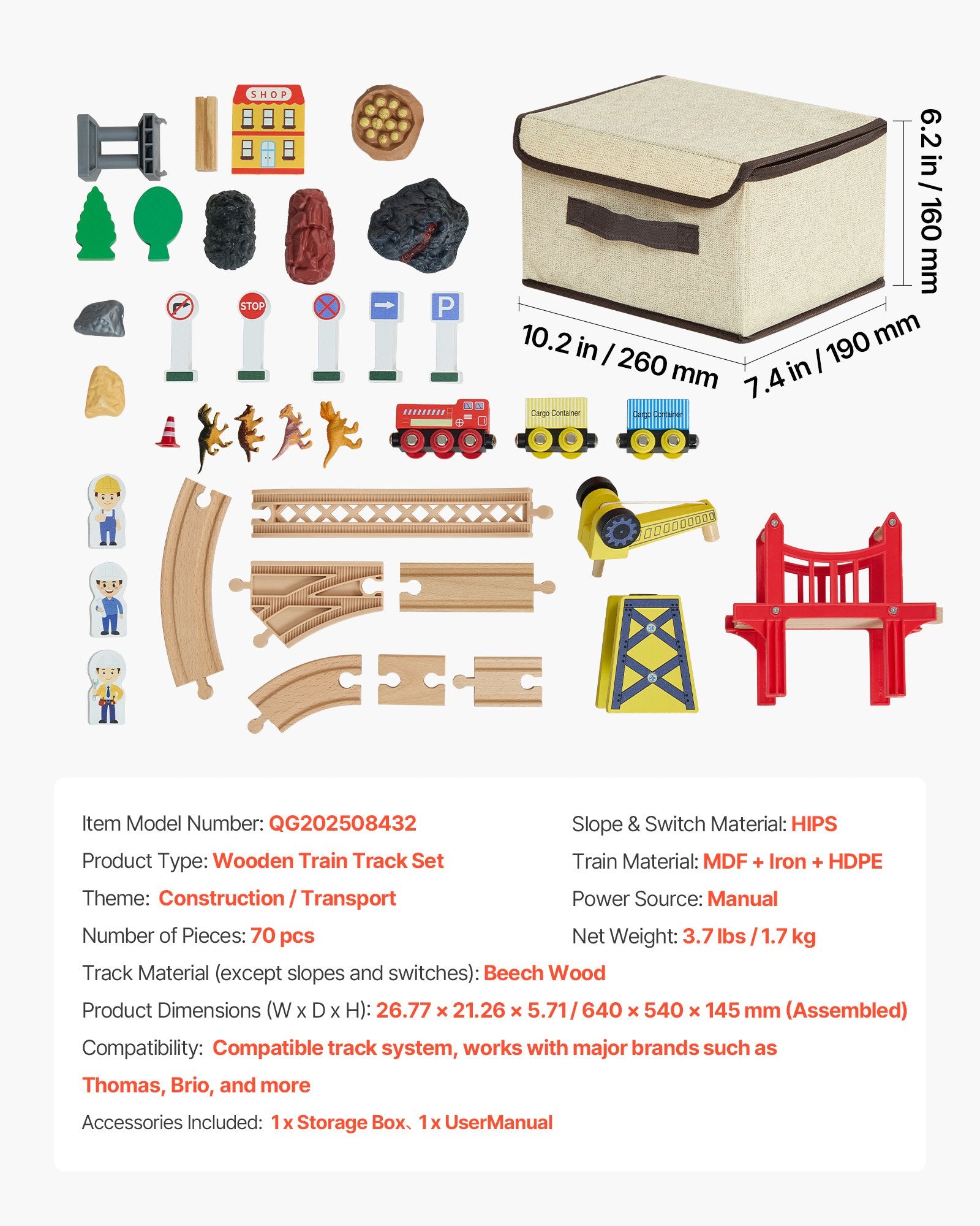 Medinis traukinių rinkinys VEVOR QG202508432, 70 dalių