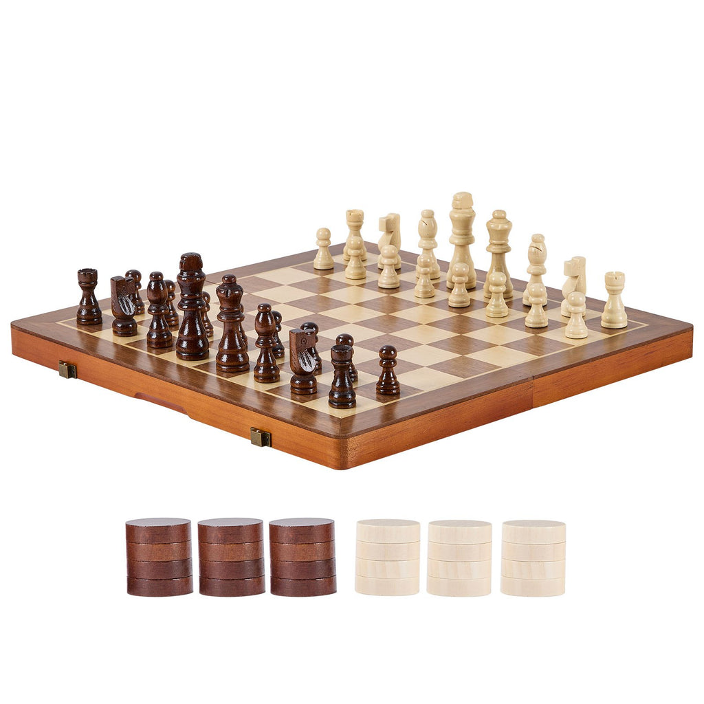 Magnetinis medinis šachmatų ir šaškių rinkinys VEVOR SSC-15F, 38 cm