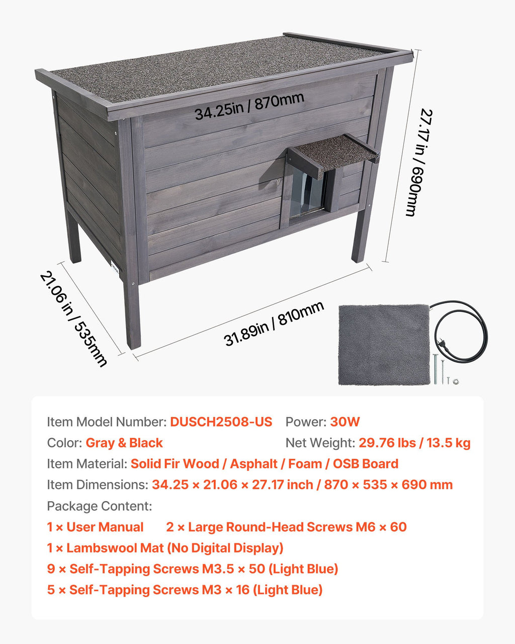 Šildomas kačių namelis VEVOR DUSCH2508-EU, 87 x 53,5 x 69 cm