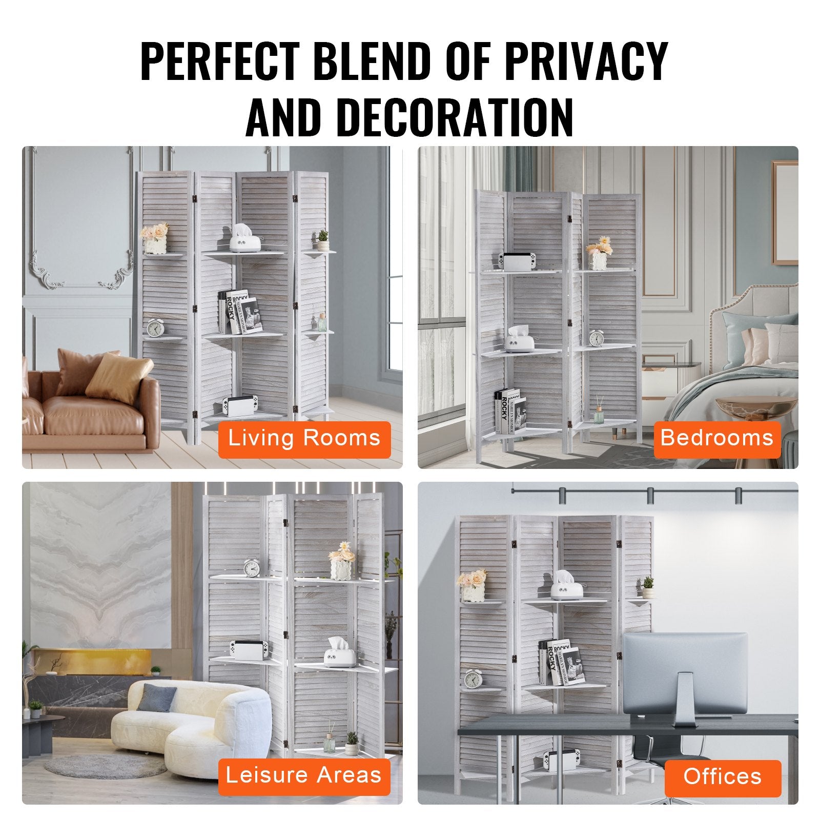 Medinė kambario pertvara VEVOR SS-003-4P-WH, 4 dalių, 170 cm aukščio