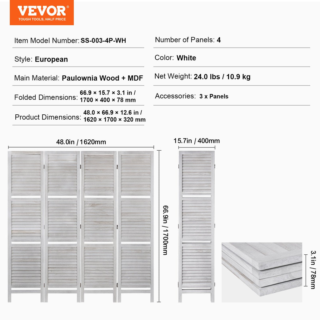 Medinė kambario pertvara VEVOR SS-003-4P-WH, 4 dalių, 170 cm aukščio