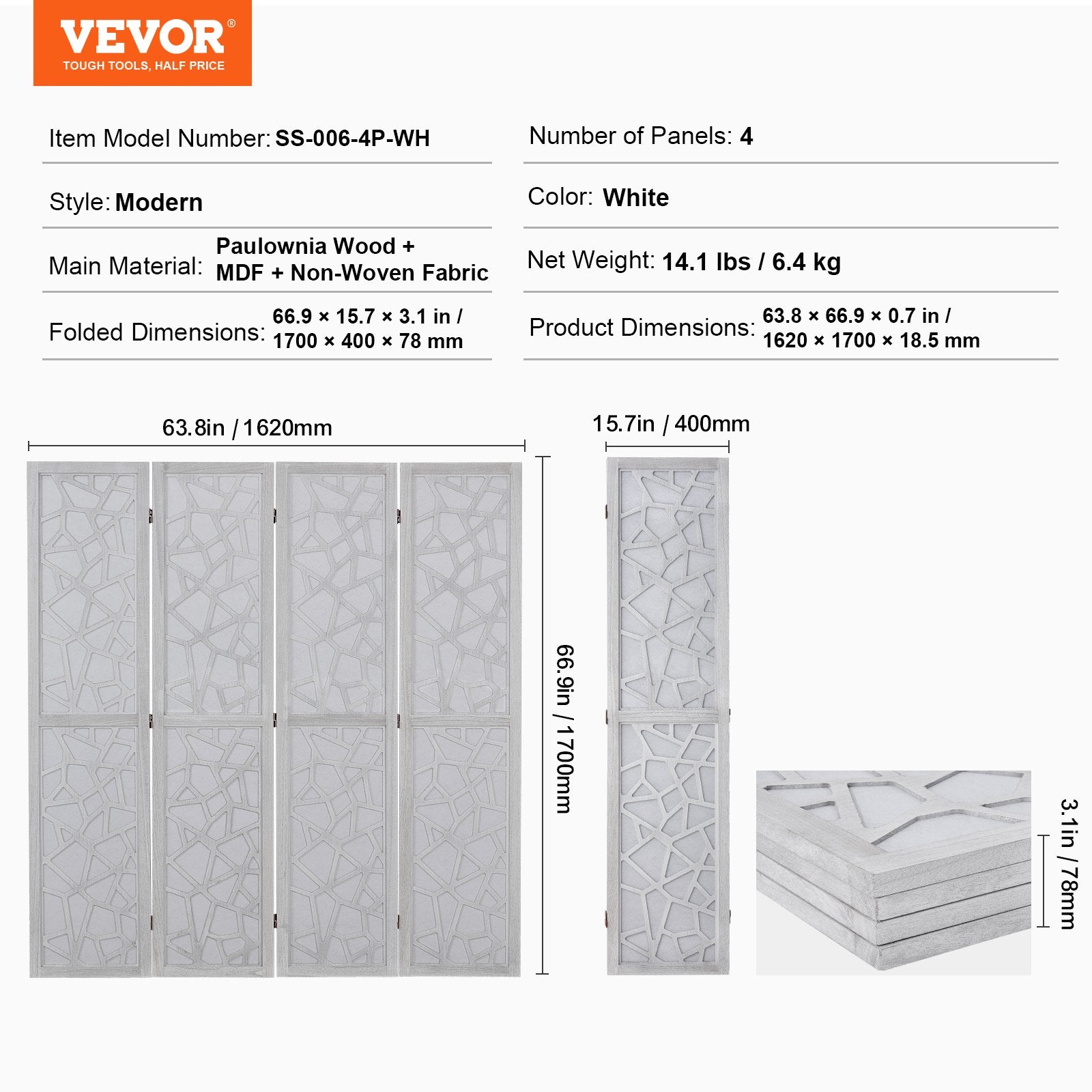 Medinė kambario pertvara VEVOR SS-006-4P-WH, 4 dalių, 170 cm aukščio