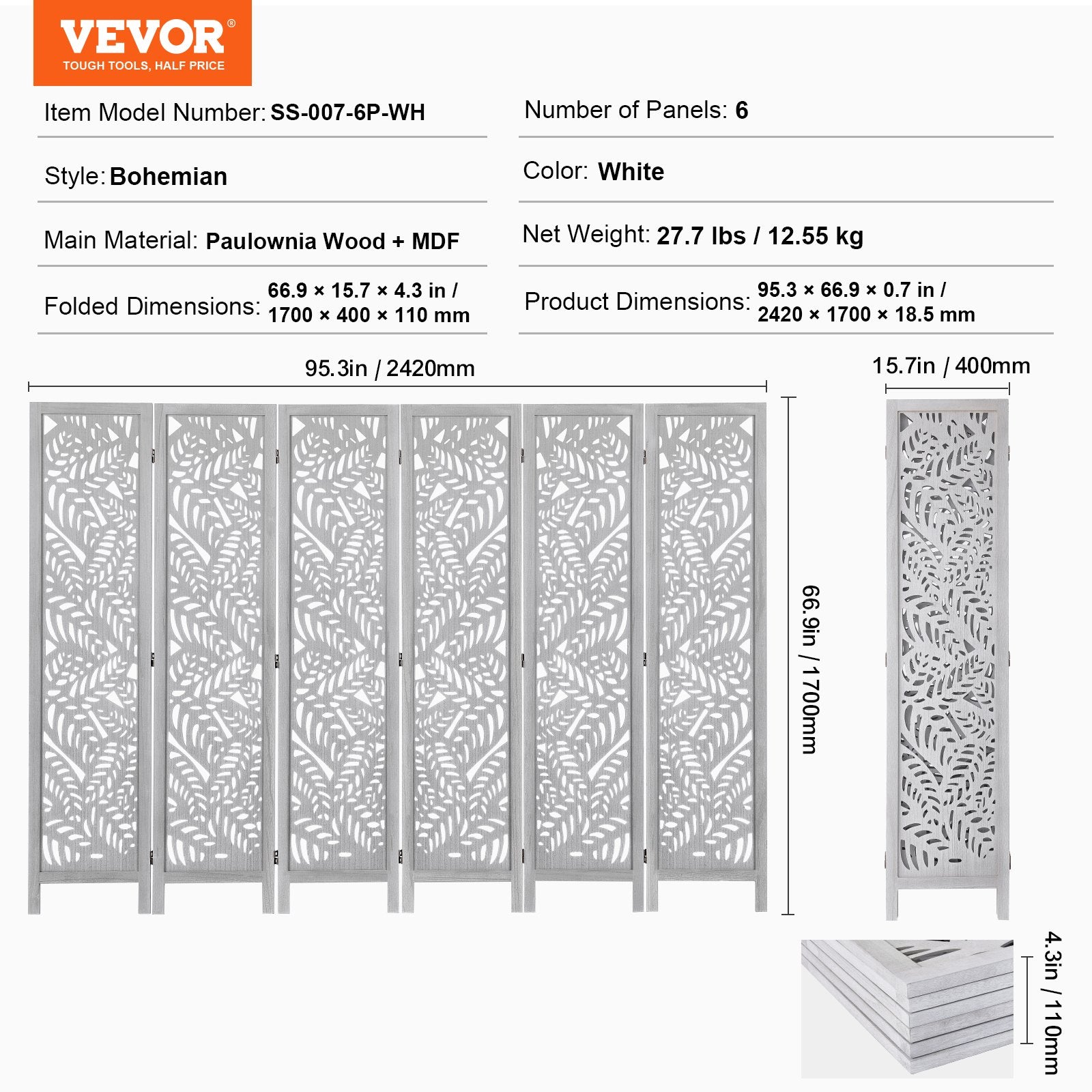 Medinė kambario pertvara VEVOR SS-007-6P-WH, 6 dalių, 170 cm aukščio