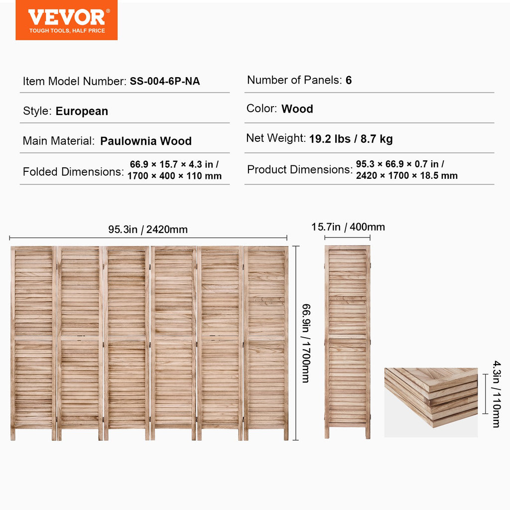 Medinė kambario pertvara VEVOR SS-004-6P-NA, 6 dalių